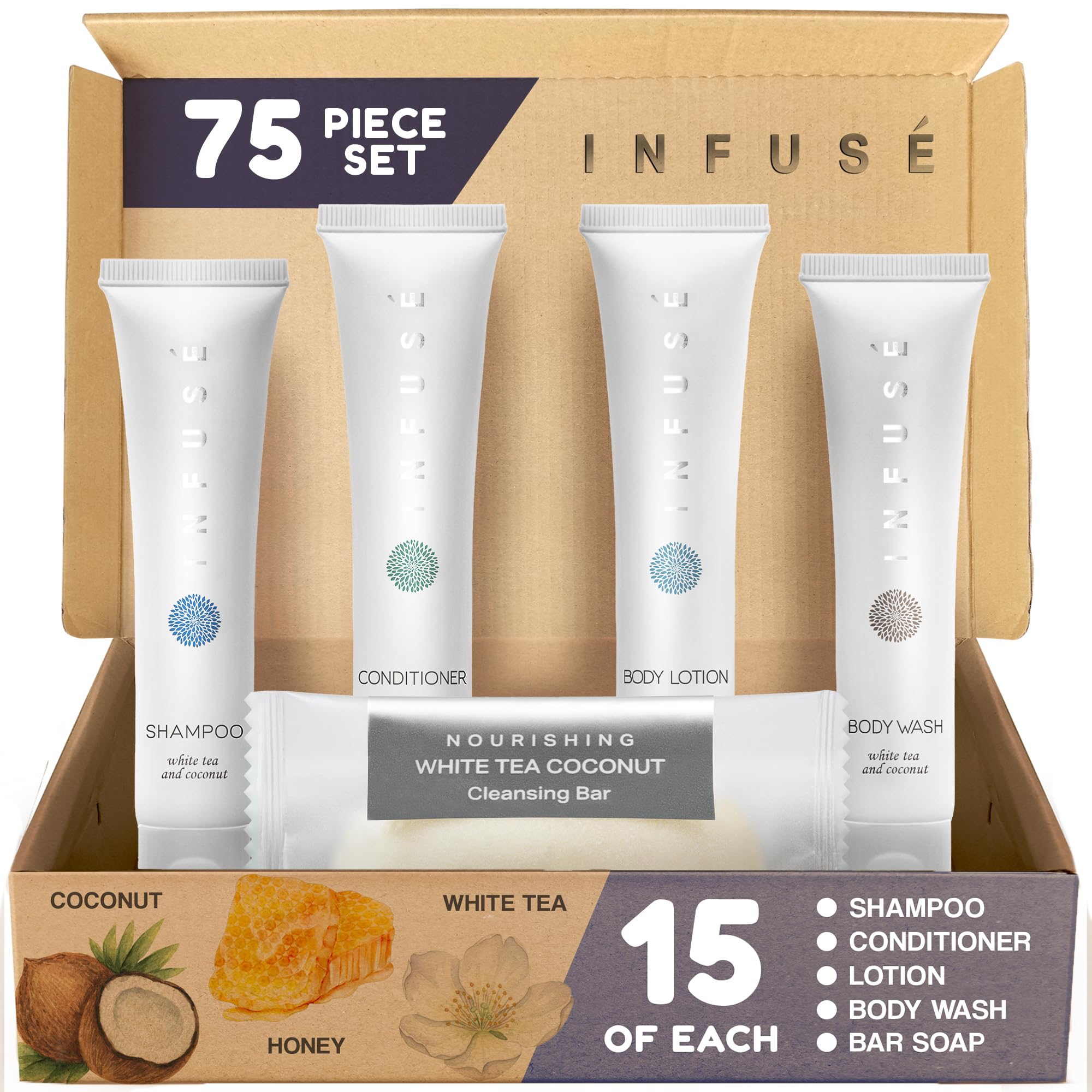 Terra Pure Infuse White Tea & Coconut Hotel Toiletries Bulk Set – 75 Travel-Size Pieces