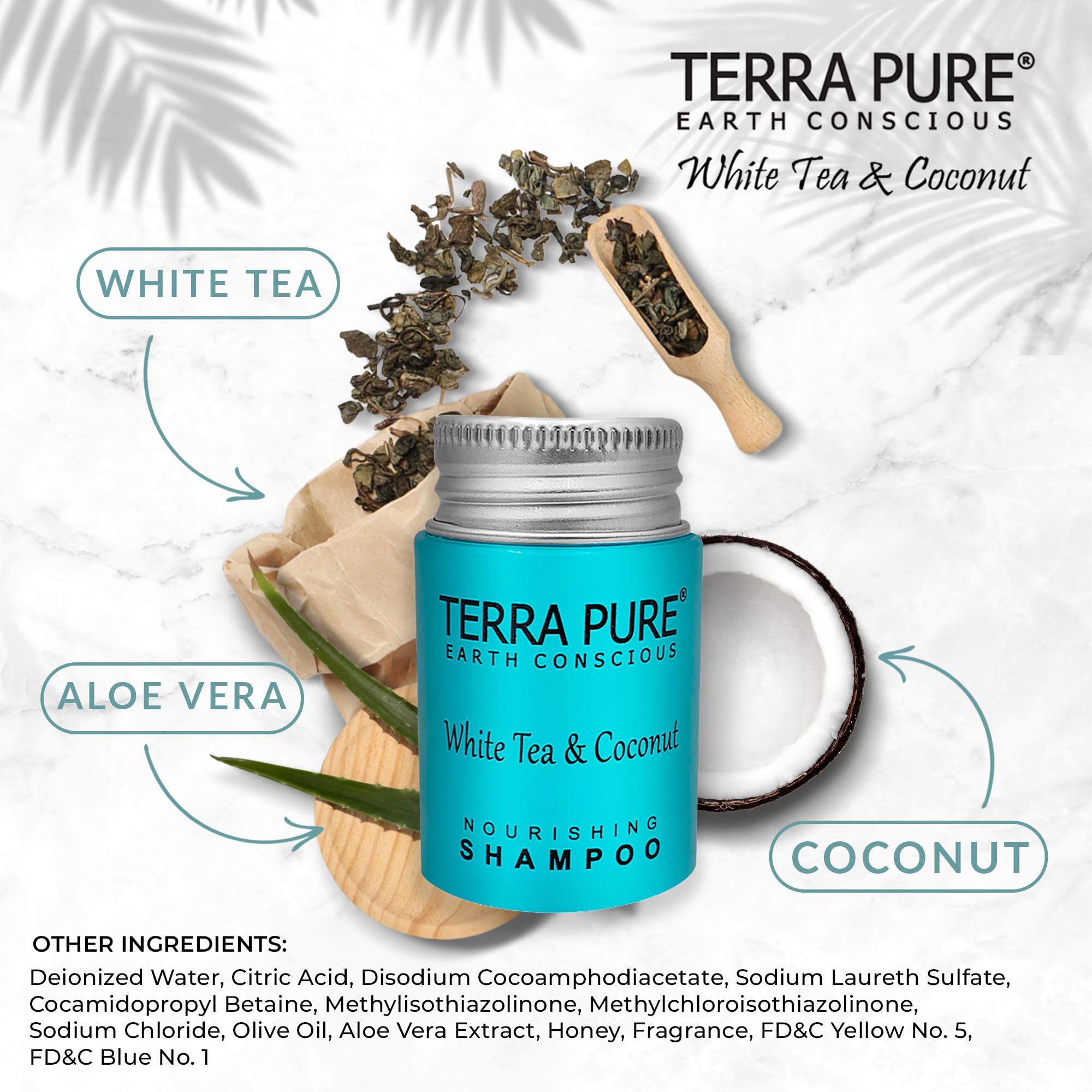Terra Pure Travel Size Shampoo 300 x 1oz – White Tea & Coconut, Aloe Vera & Olive Oil