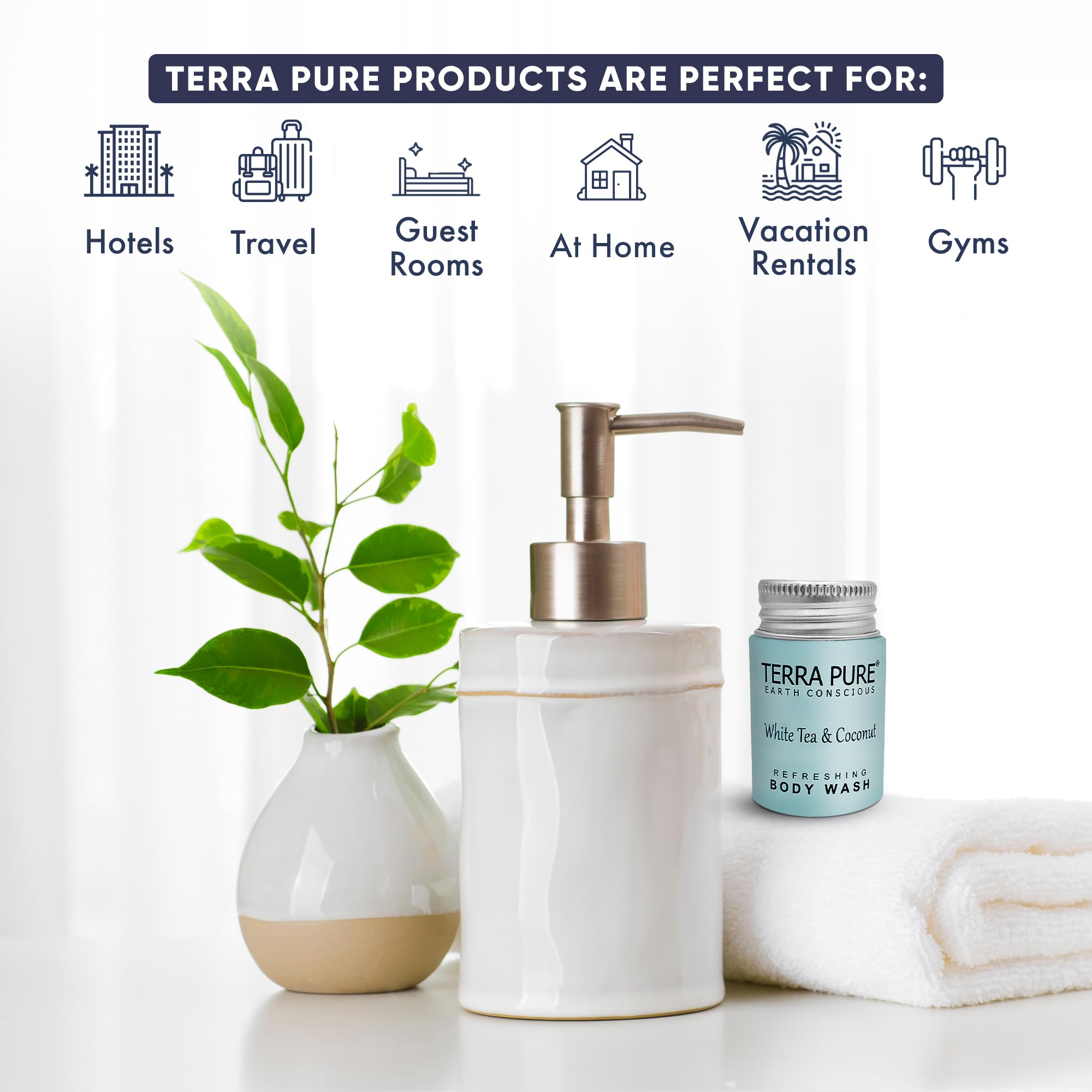 Terra Pure Travel Size Hotel Body Wash – 100 Count 1 oz Bottles | Paraben Free, White Tea & Coconut, Aloe & Olive Oil