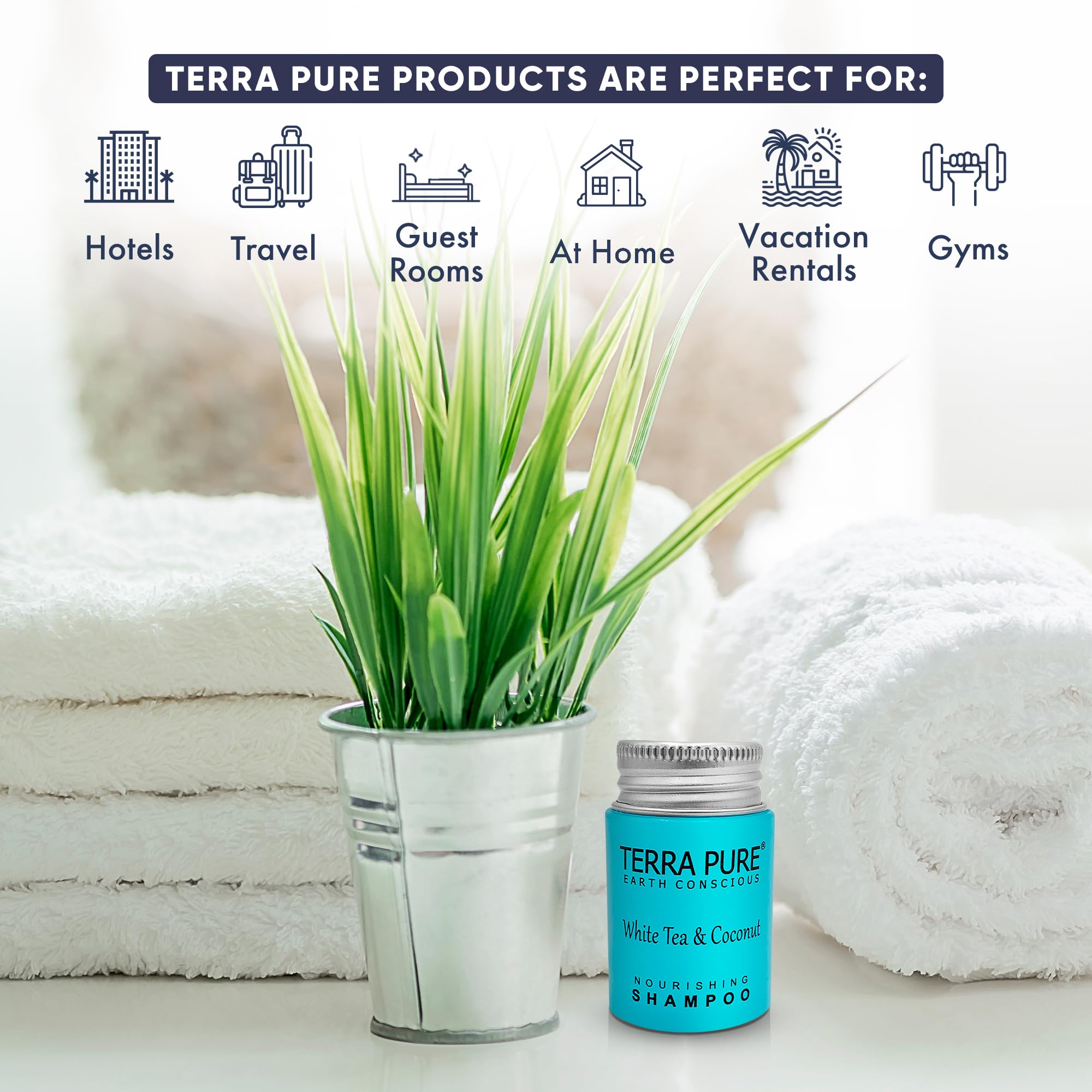 Terra Pure Travel Size Hotel Shampoo – 100 x 1 oz Bottles, White Tea & Coconut