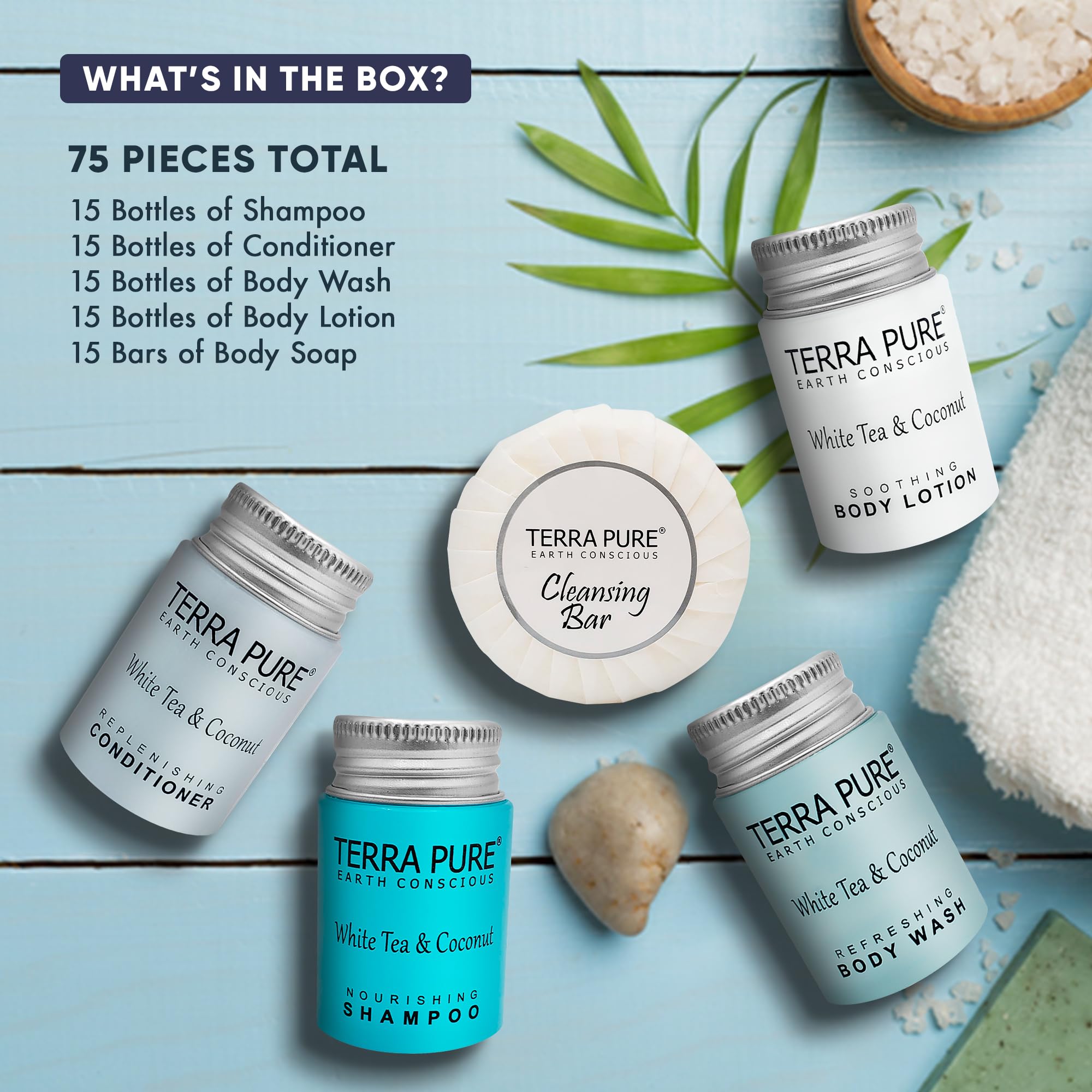 Terra Pure White Tea & Coconut Toiletries Set – 75-Piece Hotel Amenities Kit (1oz liquids, 1.25oz bar) | Hotels & Rentals