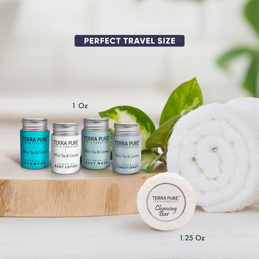 Terra Pure White Tea & Coconut Toiletries Set – 75-Piece Hotel Amenities Kit (1oz liquids, 1.25oz bar) | Hotels & Rentals