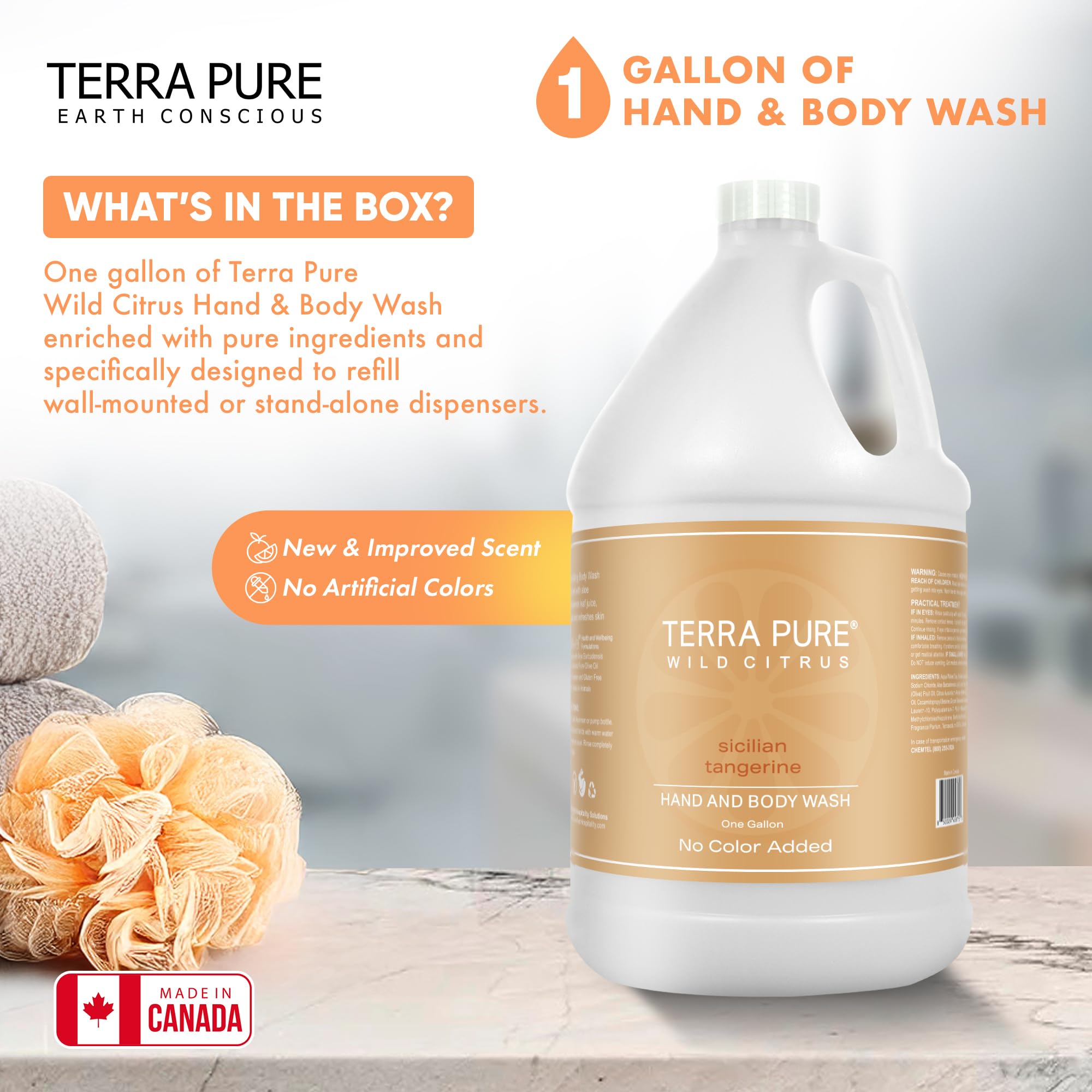 Terra Pure Wild Citrus Gallon Hand & Body Wash – Refill Jug for Hotels, Spas, Gyms | No Color Added
