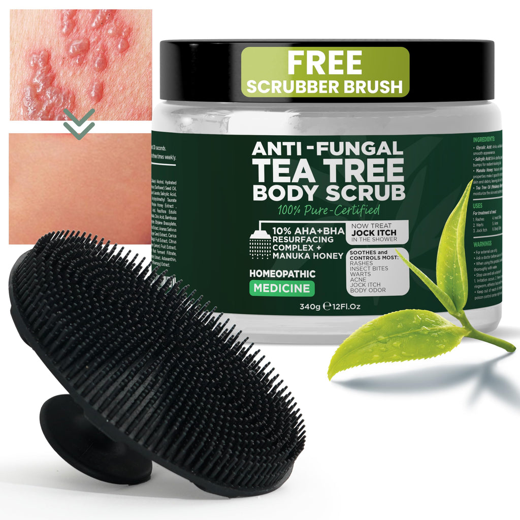 Terramed Just Think Comfort Antifungal Body Scrub with Tea Tree Oil – Exfoliating Body Wash, 12 Fl oz with Scrubber Brush
