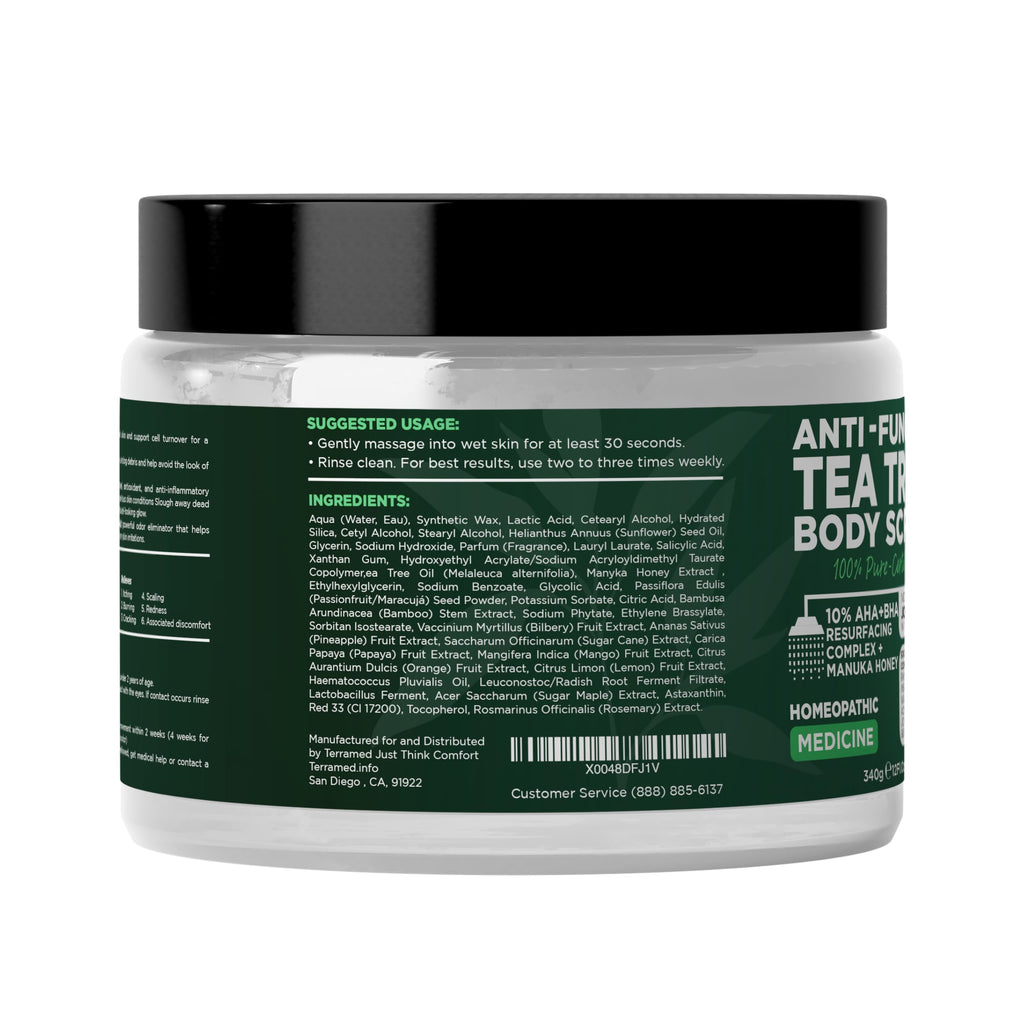 Terramed Just Think Comfort Antifungal Body Scrub with Tea Tree Oil – Exfoliating Body Wash, 12 Fl oz with Scrubber Brush