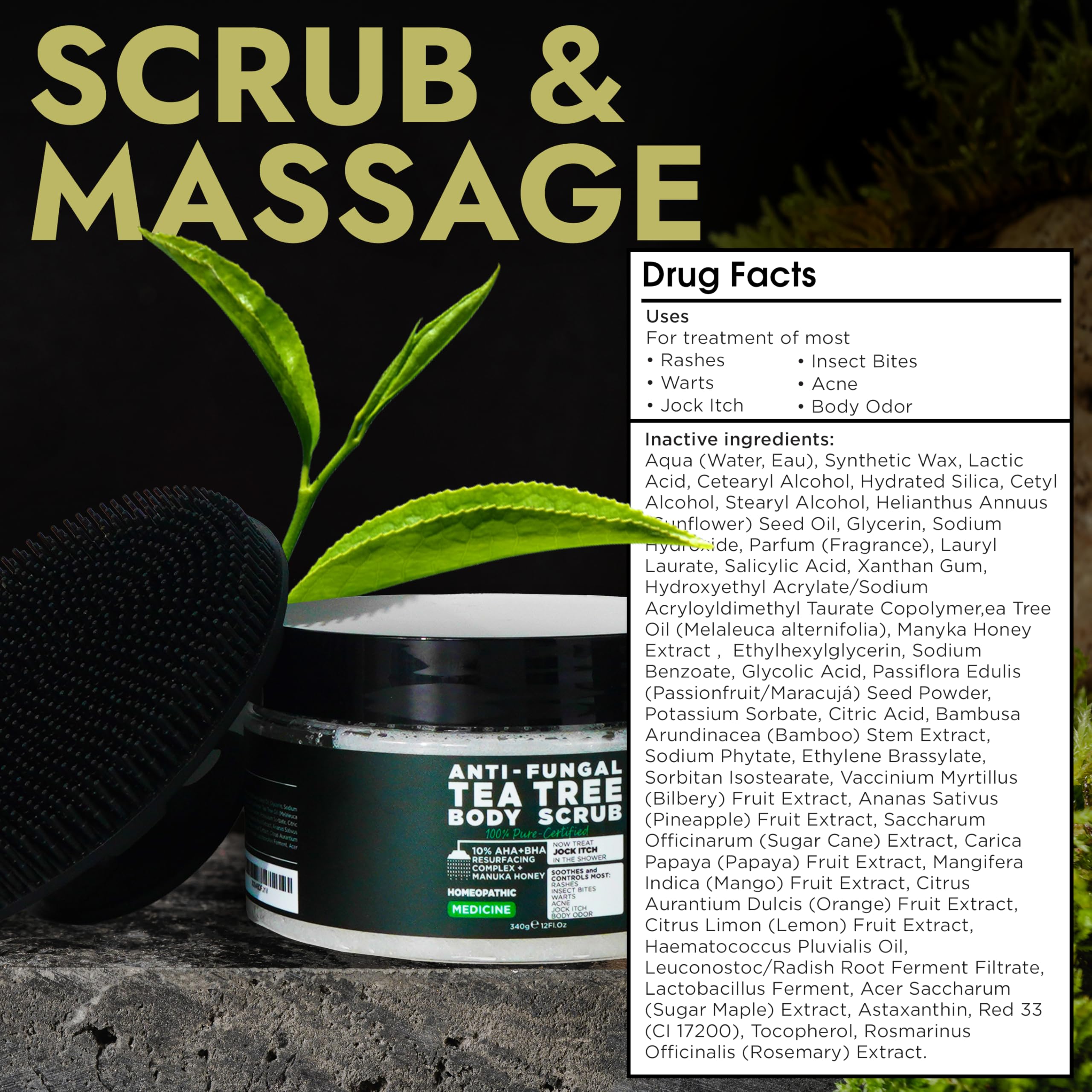 Terramed Just Think Comfort Antifungal Body Scrub with Tea Tree Oil – Exfoliating Body Wash, 12 Fl oz with Scrubber Brush