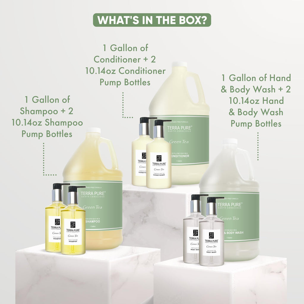 Terra Pure Gallon & Dispenser Set | All-In-Kit for Hotels – Shampoo, Conditioner & Body Wash