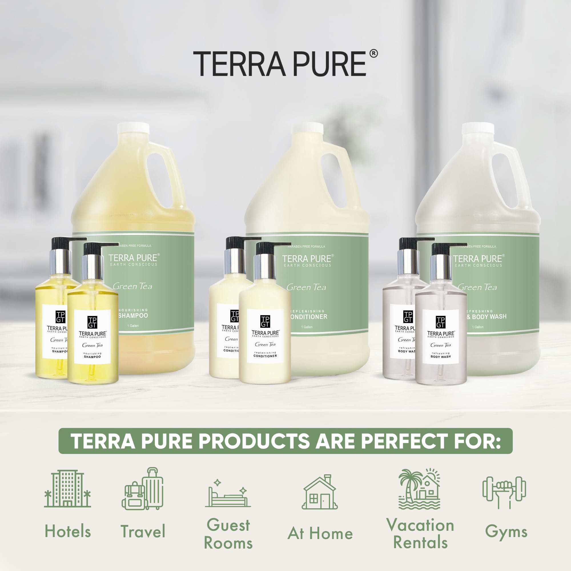 Terra Pure Gallon & Dispenser Set | All-In-Kit for Hotels – Shampoo, Conditioner & Body Wash
