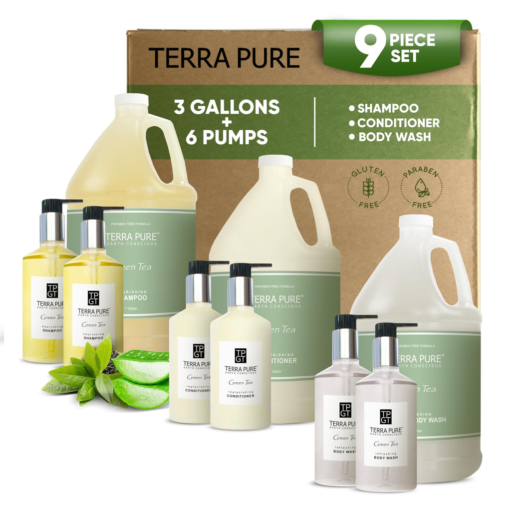 Terra Pure Gallon & Dispenser Set | All-In-Kit for Hotels – Shampoo, Conditioner & Body Wash