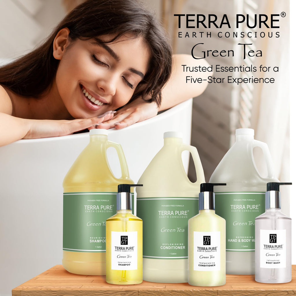 Terra Pure Gallon & Dispenser Set | All-In-Kit for Hotels – Shampoo, Conditioner & Body Wash