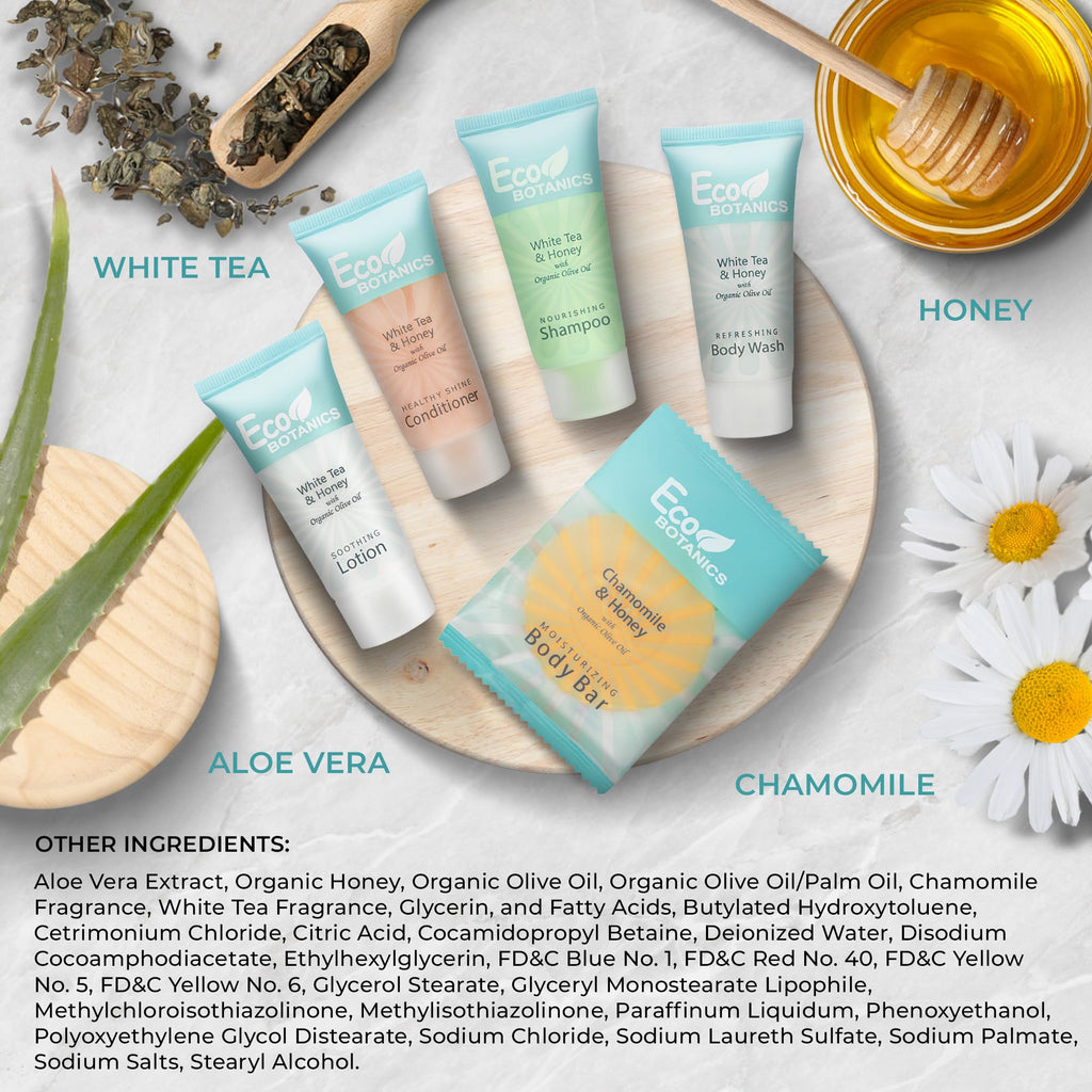 Terra Pure Travel Size Hotel Toiletry Set – 300 Count, 0.85oz Bottles, White Tea Scent, Aloe & Olive Oil