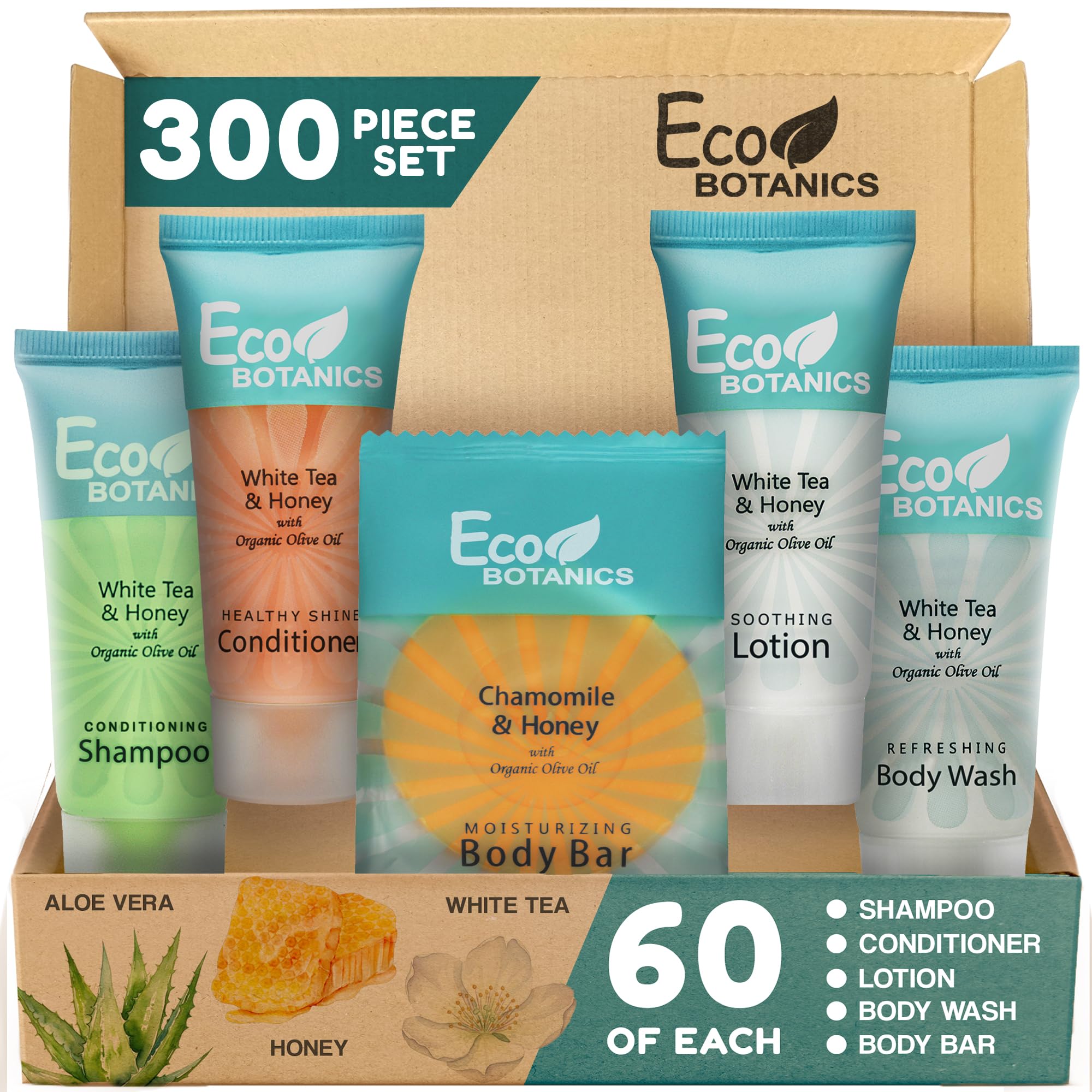 Terra Pure Travel Size Hotel Toiletry Set – 300 Count, 0.85oz Bottles, White Tea Scent, Aloe & Olive Oil