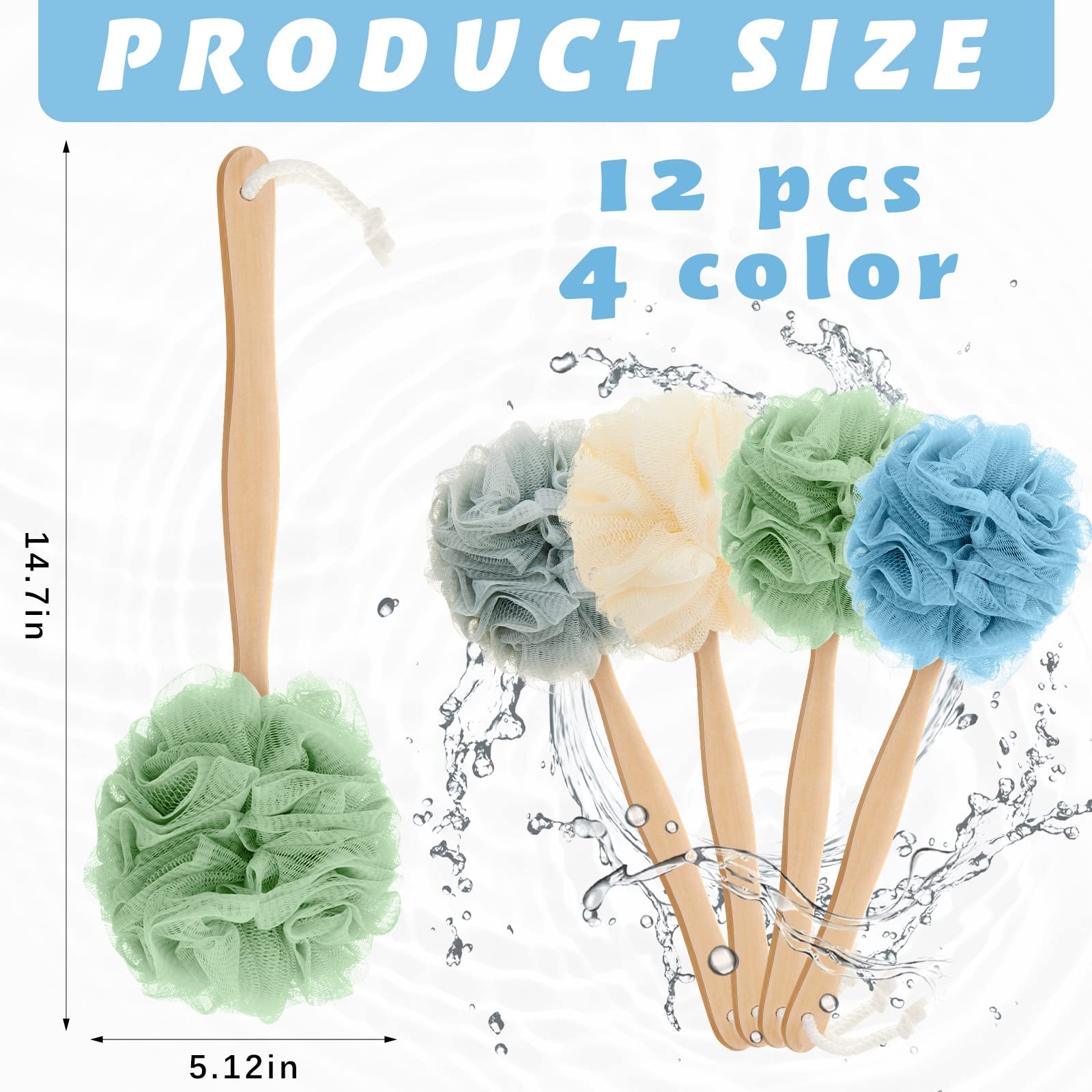 12 Pcs Tessco for you Loofah on a Stick Back Scrubber with Long Handle – Shower Bath Brush Set