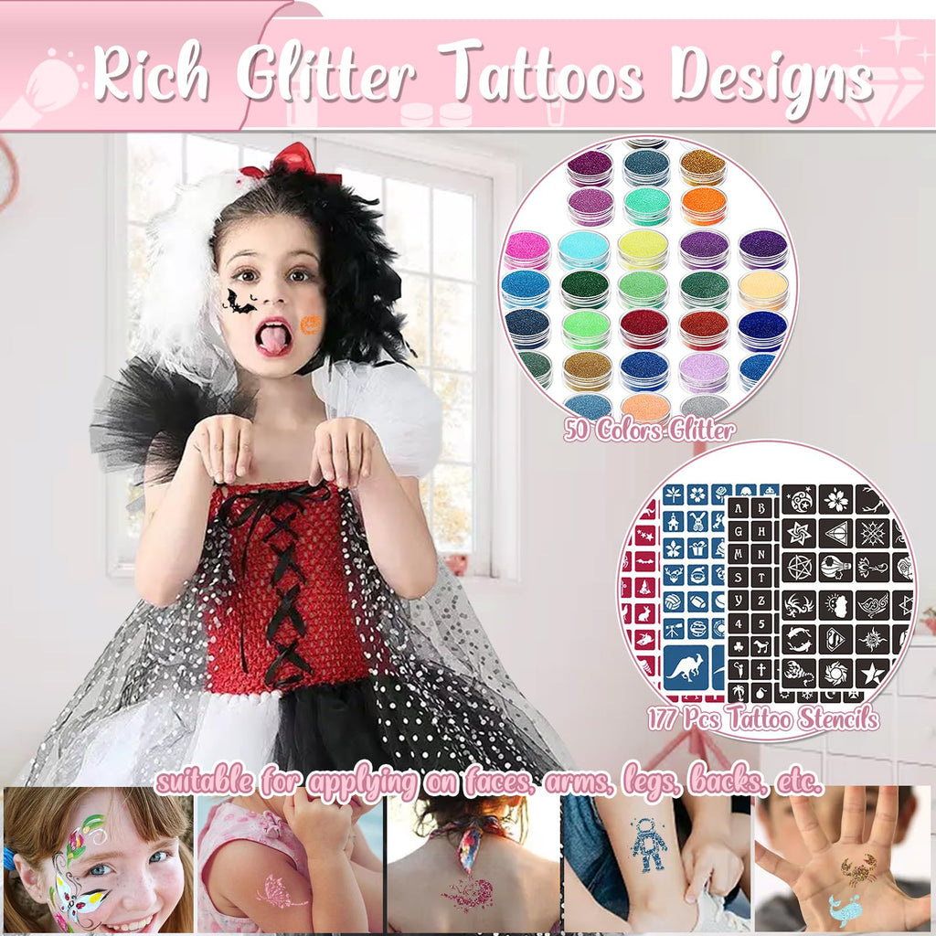 TEUVO Kids Glitter Tattoo Kit – 50 Colors, 177 Stencils, 25 Pattern Stickers