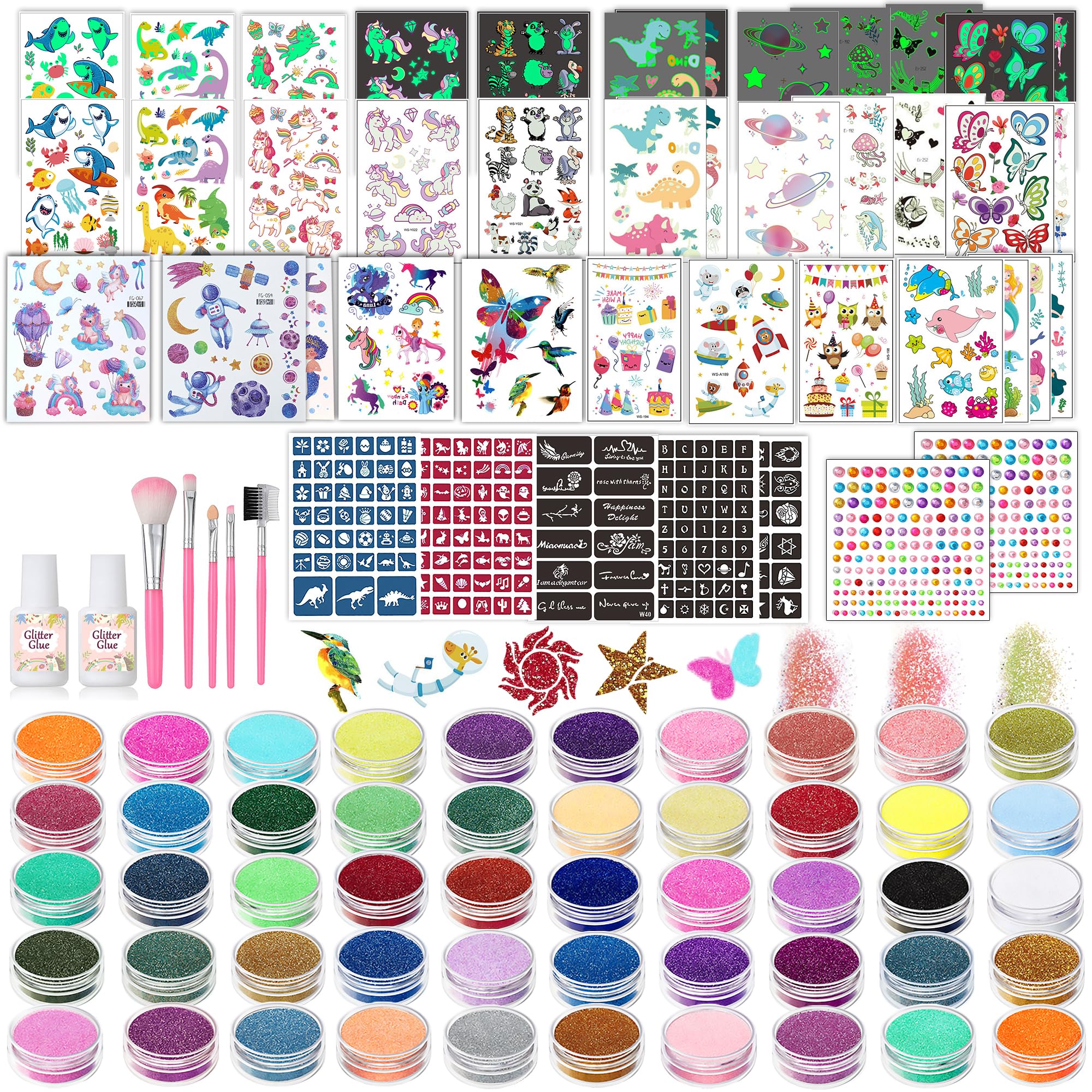TEUVO Kids Glitter Tattoo Kit – 50 Colors, 177 Stencils, 25 Pattern Stickers