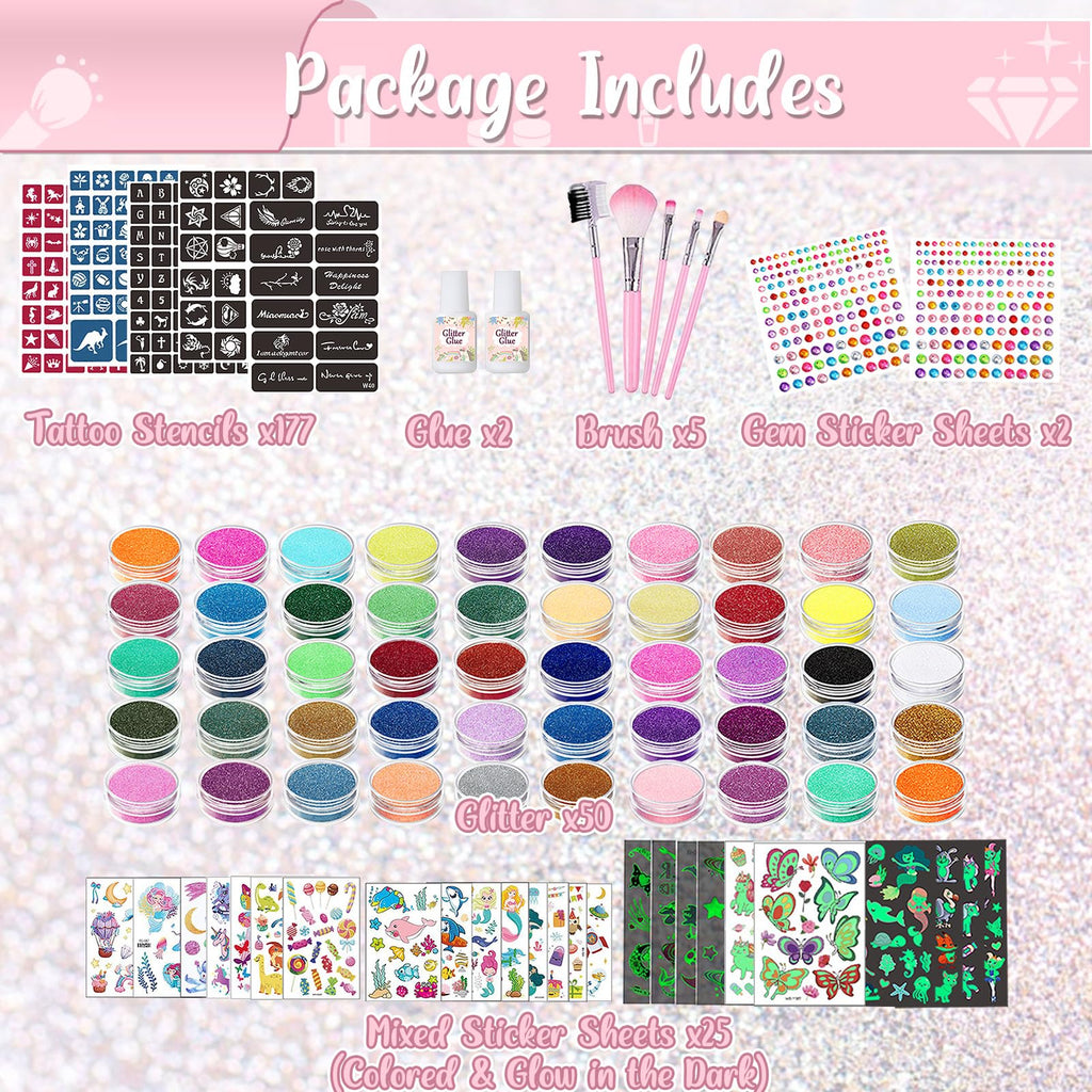 TEUVO Kids Glitter Tattoo Kit – 50 Colors, 177 Stencils, 25 Pattern Stickers