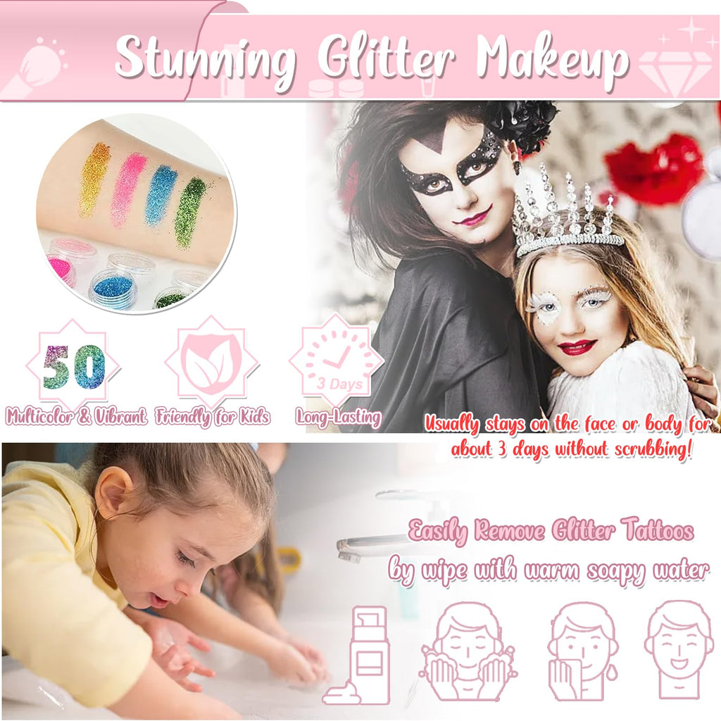 TEUVO Kids Glitter Tattoo Kit – 50 Colors, 177 Stencils, 25 Pattern Stickers