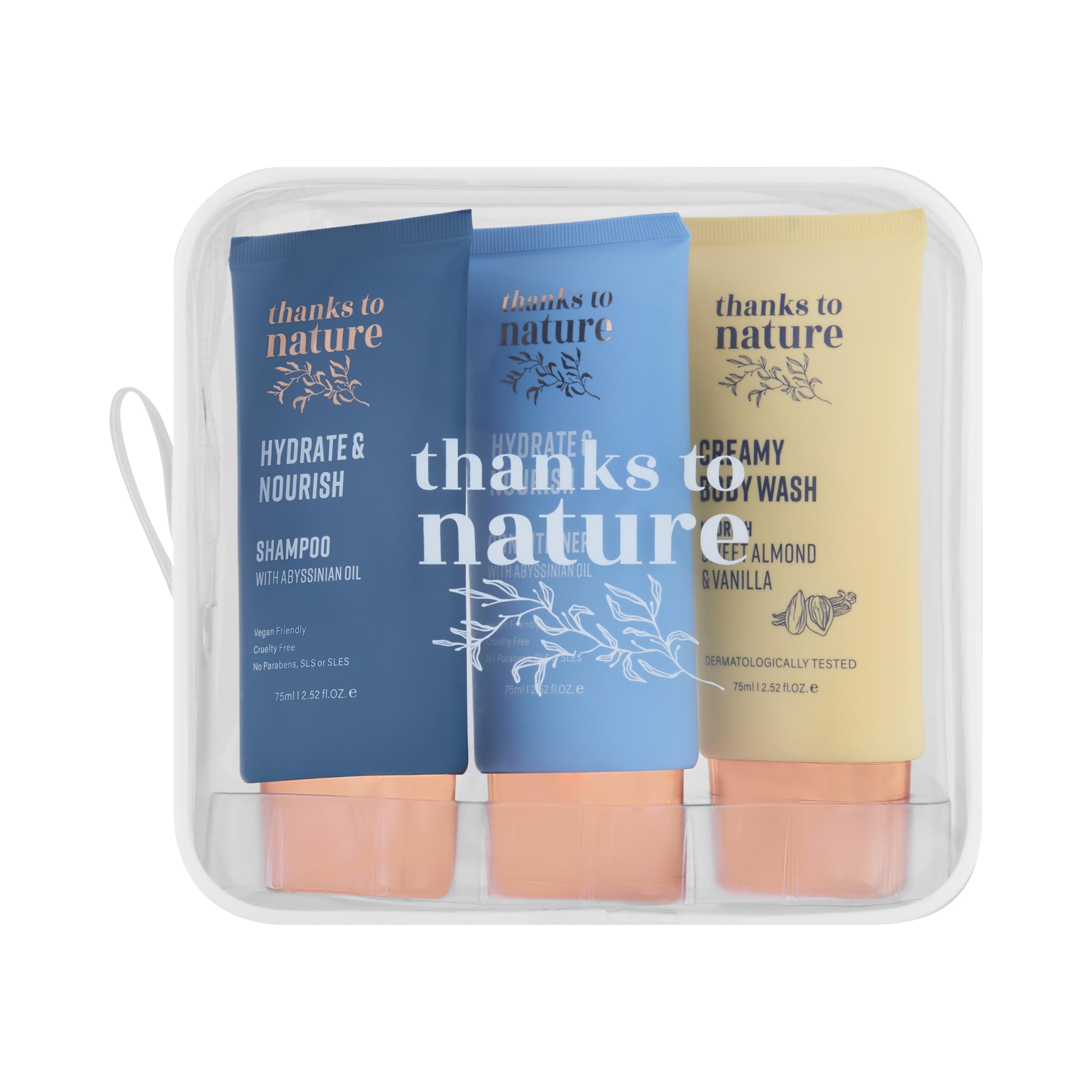 Thanks To Nature Hydrate Mini 3 Pack – Shampoo, Conditioner & Creamy Body Wash for Dry Hair & Skin | Travel TSA Friendly