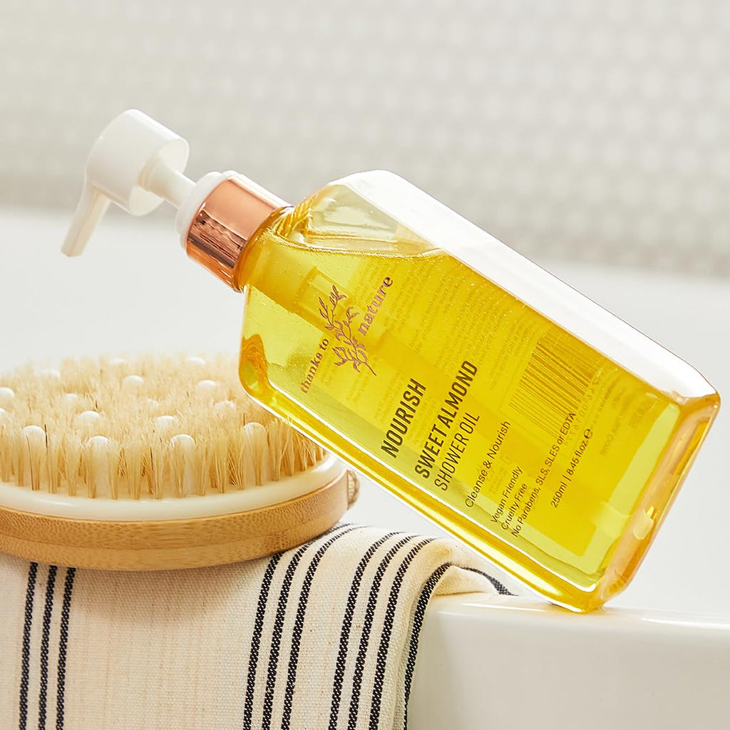 thanks to nature Shower Oil with Sweet Almond & Vanilla – Nourishing, Moisturizing for Normal to Dry Skin | 8.45 fl oz