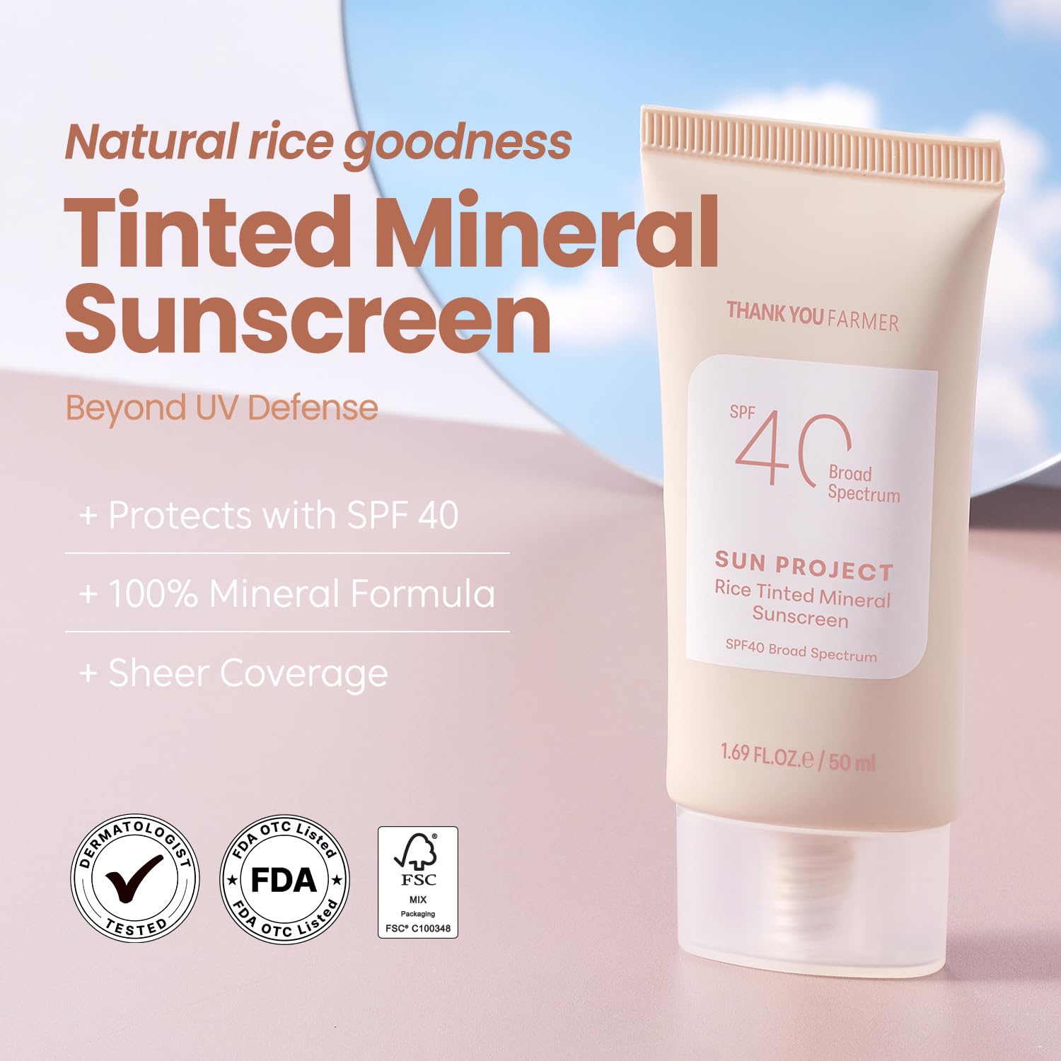 THANKYOU FARMER Sun Project Rice Tinted Mineral Sunscreen SPF40 – No White Cast, Dermatologist-Tested