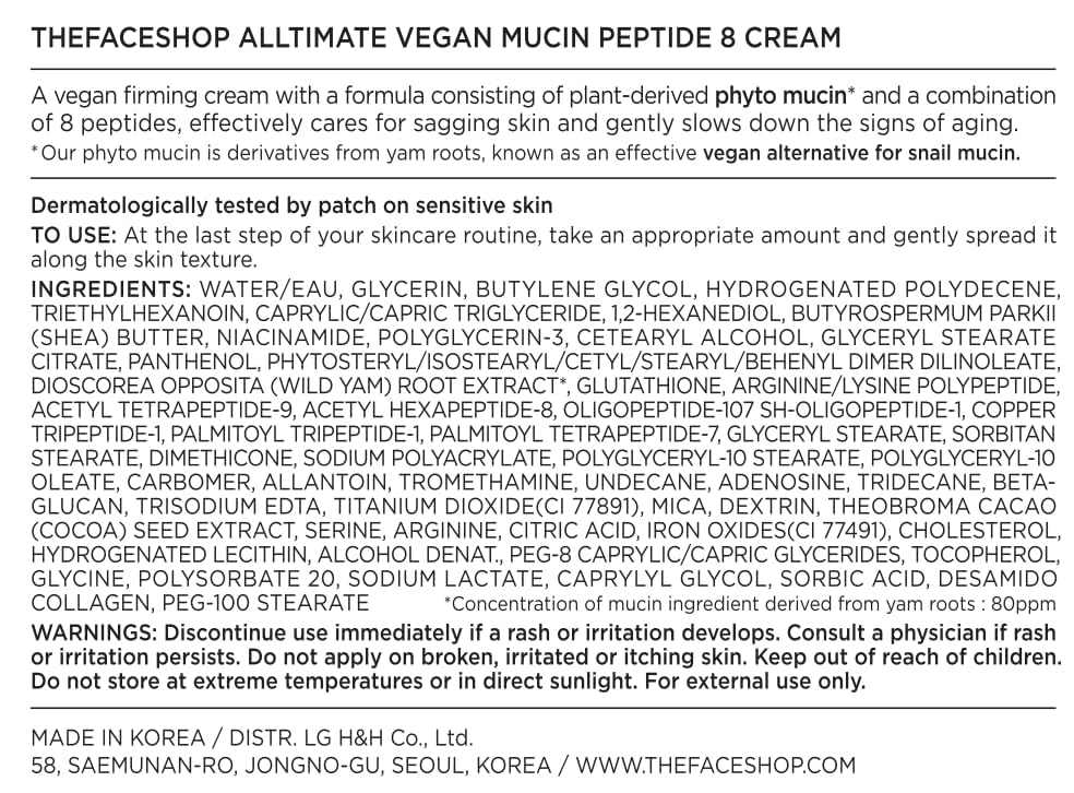 The Face Shop 8 Peptide Moisturizer – Vegan Mucin, All Skin Types, 50 ml