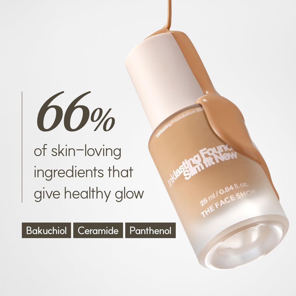 The Face Shop Ink Lasting Foundation – Full Coverage, 72-Hour Wear, Bakuchiol, W210 Warm Sand, 0.84 fl oz