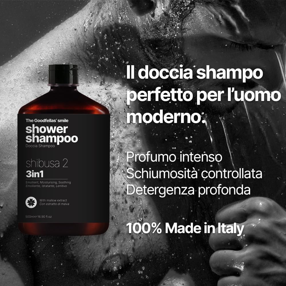 The Goodfellas' Smile Shibusa 2 3-in-1 Shower Shampoo – Body, Hair & Beard Cleanser for Men | Peach, Ying & Wood Notes | Made in Italy | 500ml