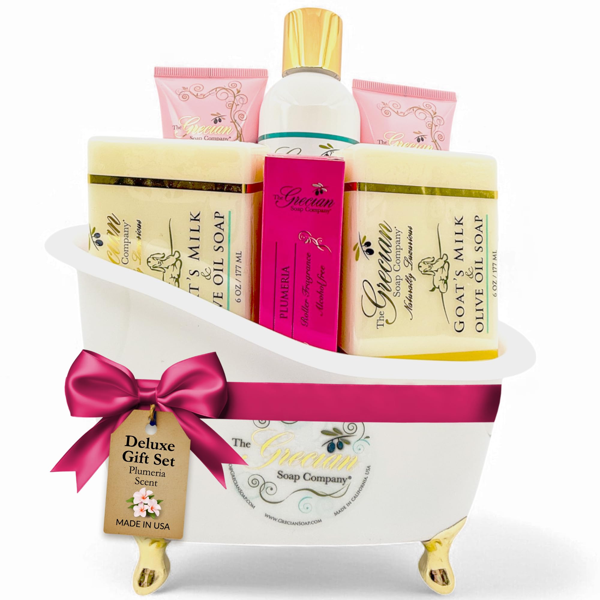 The Grecian Soap Company Deluxe Bathtub Gift Set – Goat Milk & Olive Oil Skincare, Plumeria Scent, Handmade in the USA