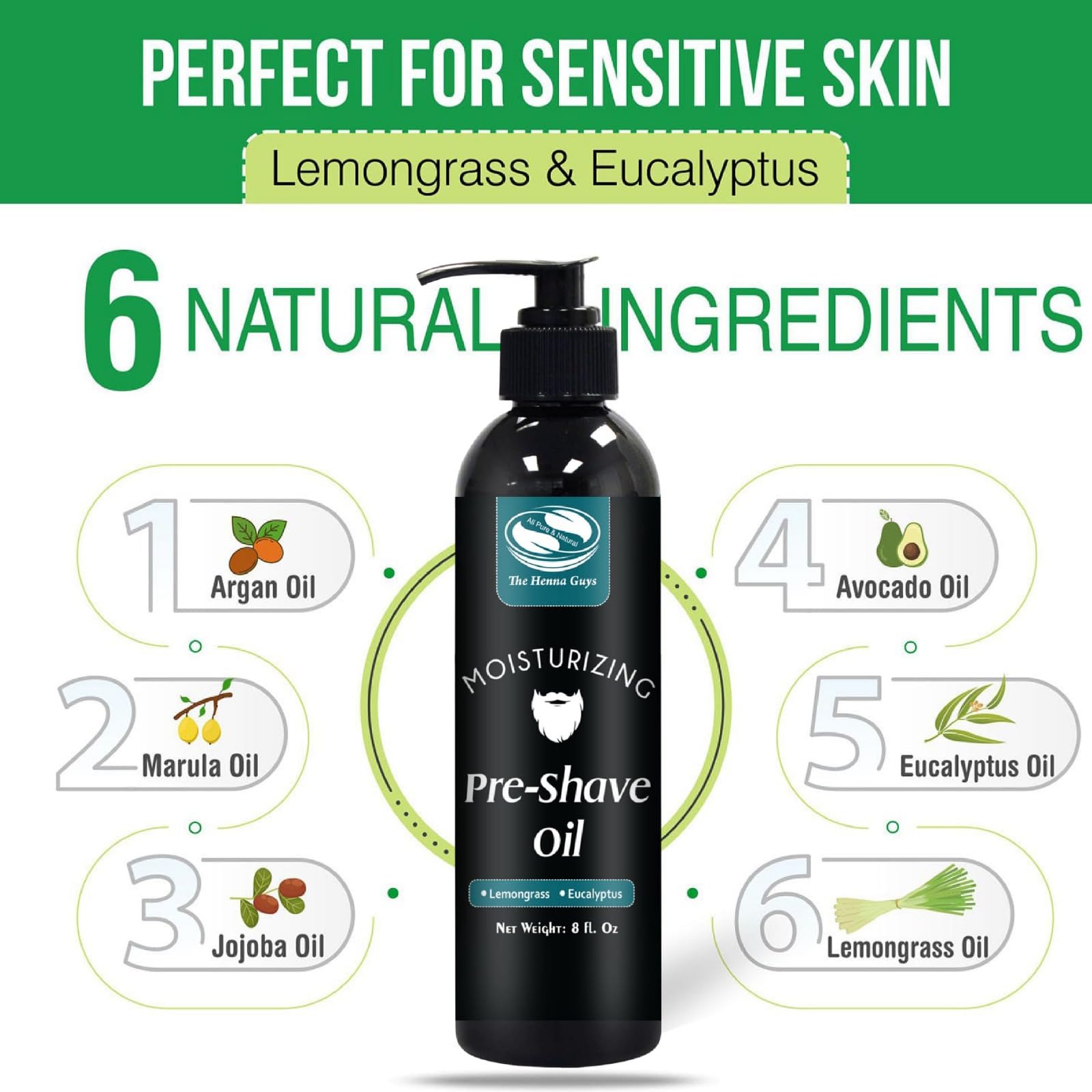 The Henna Guys 8 oz Pre-Shave Oil for Men – Lemongrass & Eucalyptus