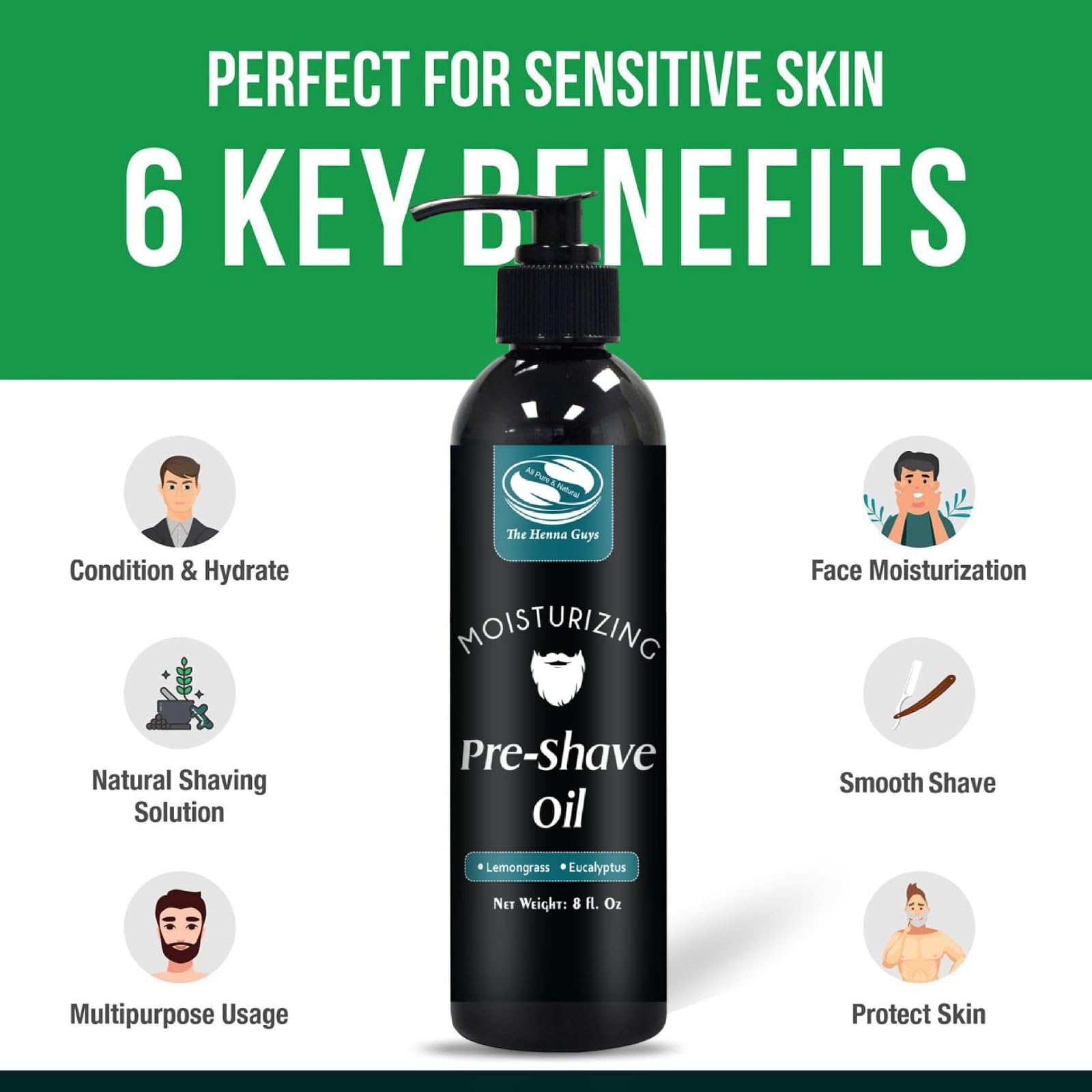 The Henna Guys 8 oz Pre-Shave Oil for Men – Lemongrass & Eucalyptus