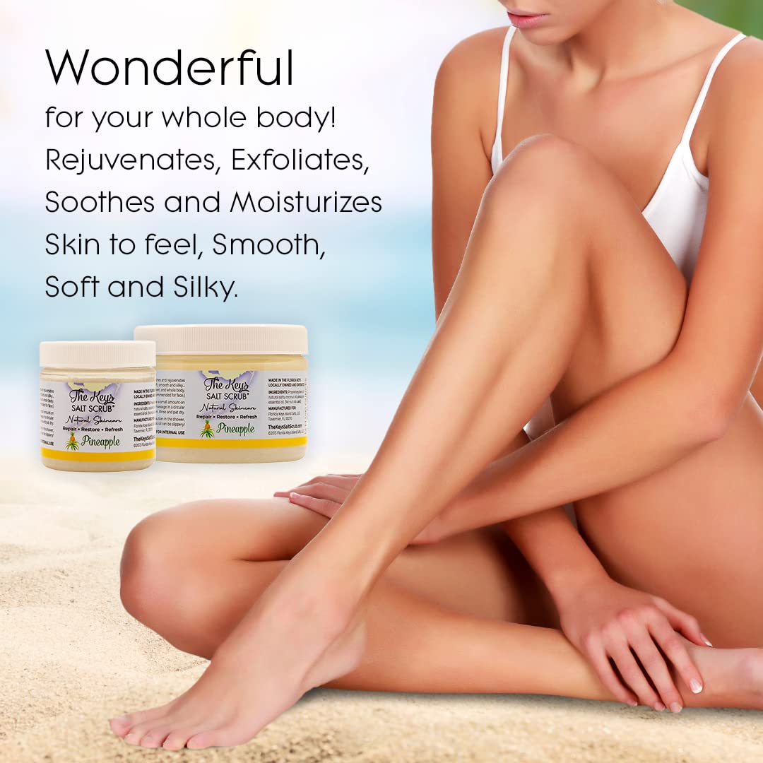 The Keys Salt Scrub – Sea Salt Exfoliating Body Scrub with Wooden Spoon, Pineapple (3.4 oz x 3)