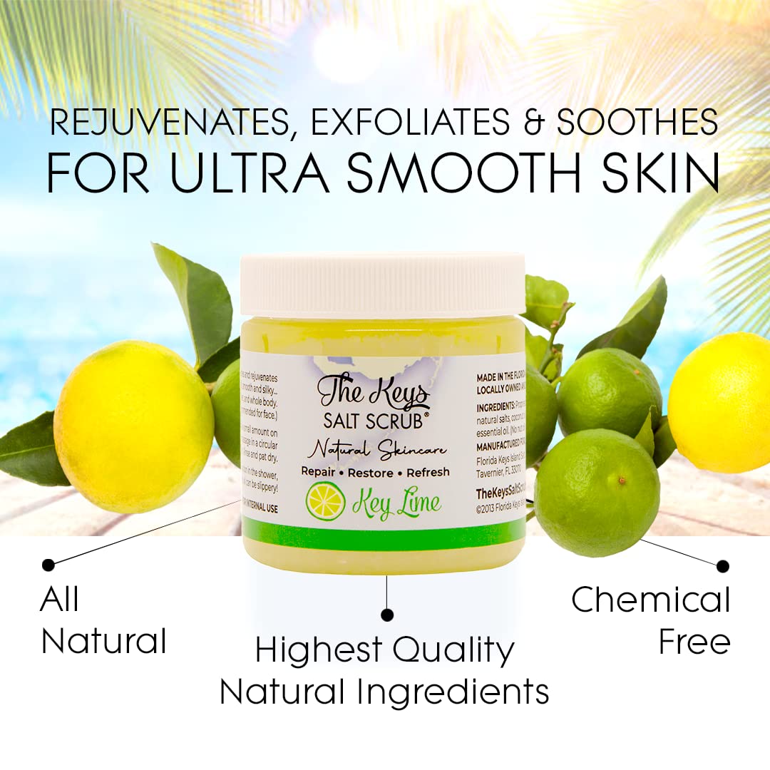The Keys Salt Scrub – Sea Salt Exfoliating Body Scrub with Wooden Spoon | Key Lime | 3 x 3.4 oz