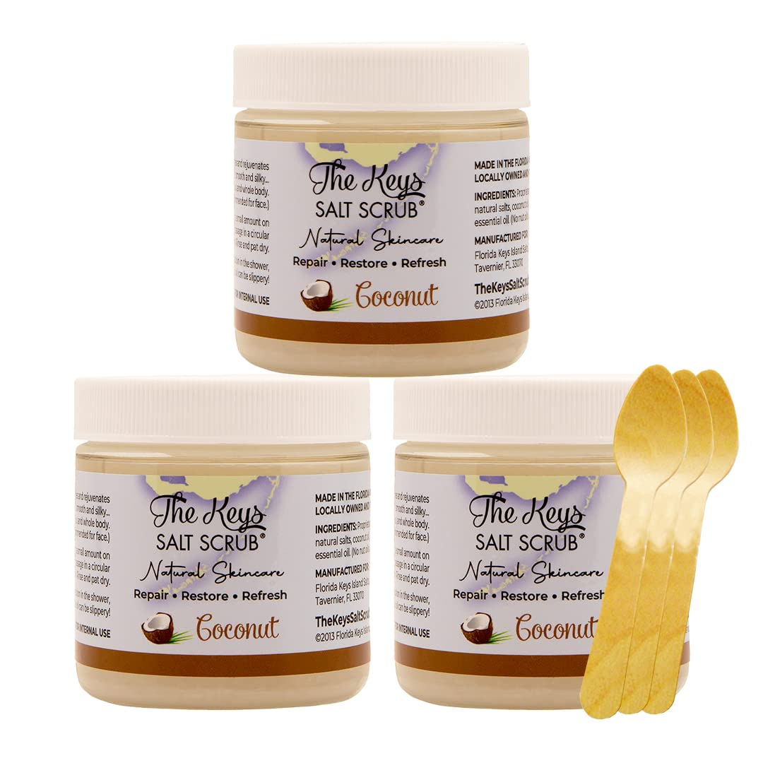 The Keys Salt Scrub - Sea Salt Exfoliator with Coconut Oil & Wooden Spoon (3.4 oz x3)