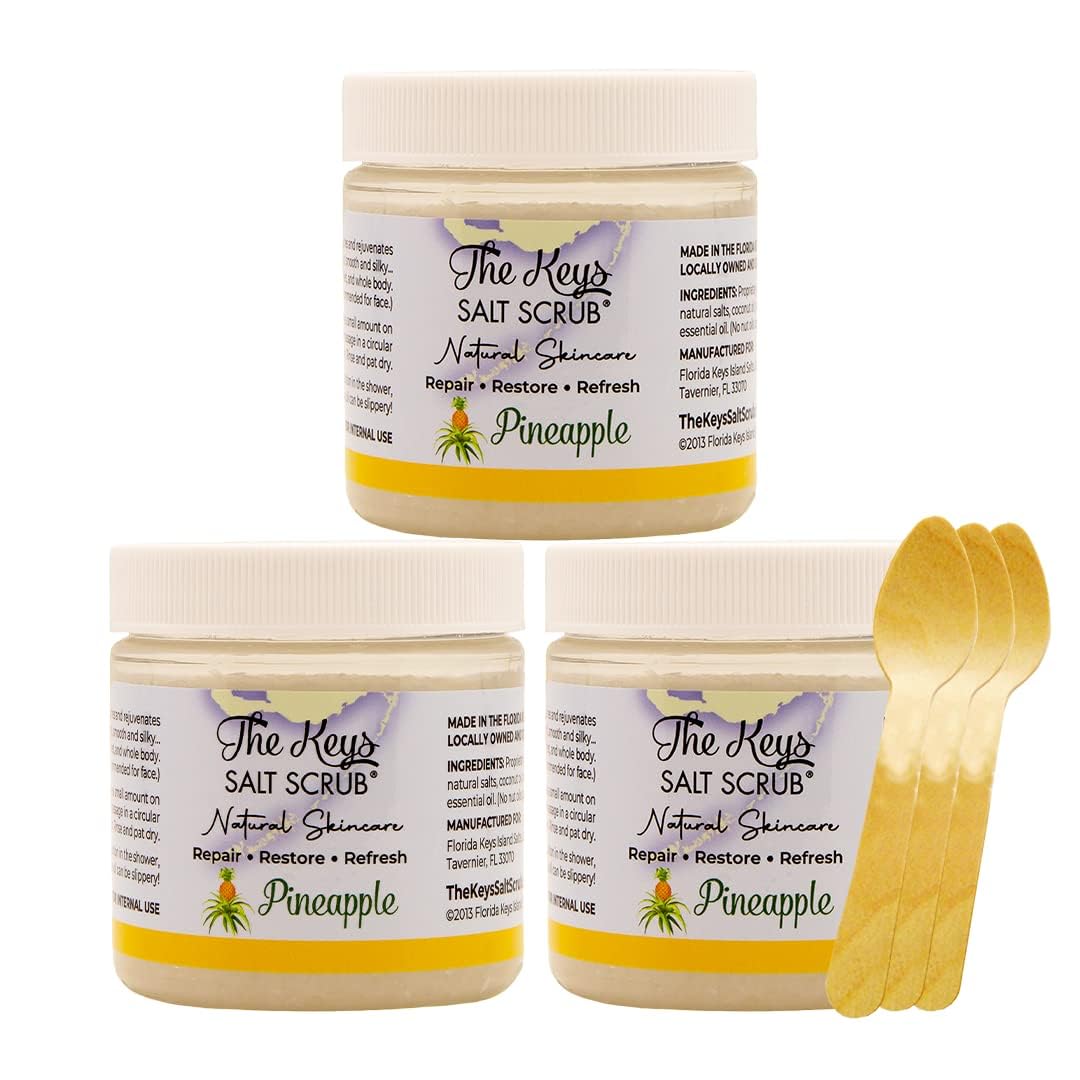 The Keys Salt Scrub – Sea Salt Exfoliating Body Scrub with Wooden Spoon, Pineapple (3.4 oz x 3)