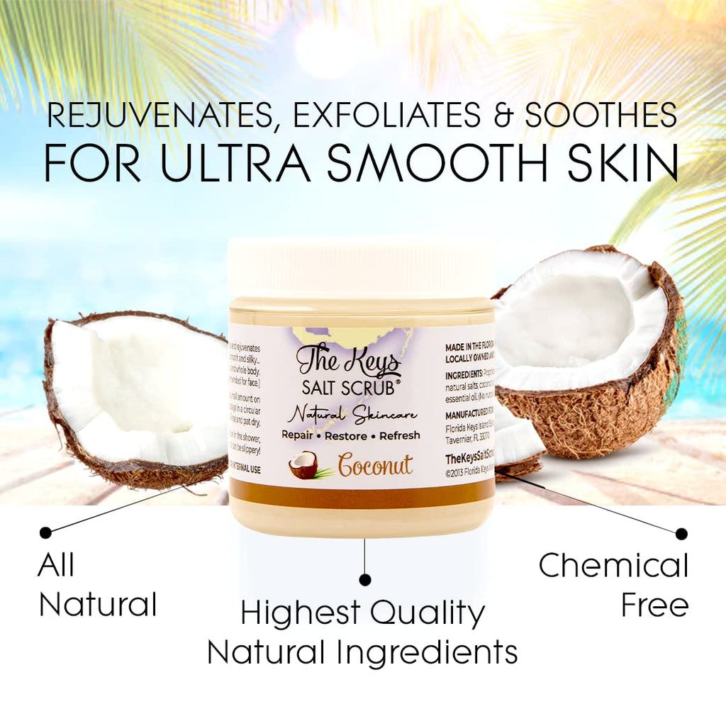 The Keys Salt Scrub - Sea Salt Exfoliator with Coconut Oil & Wooden Spoon (3.4 oz x3)