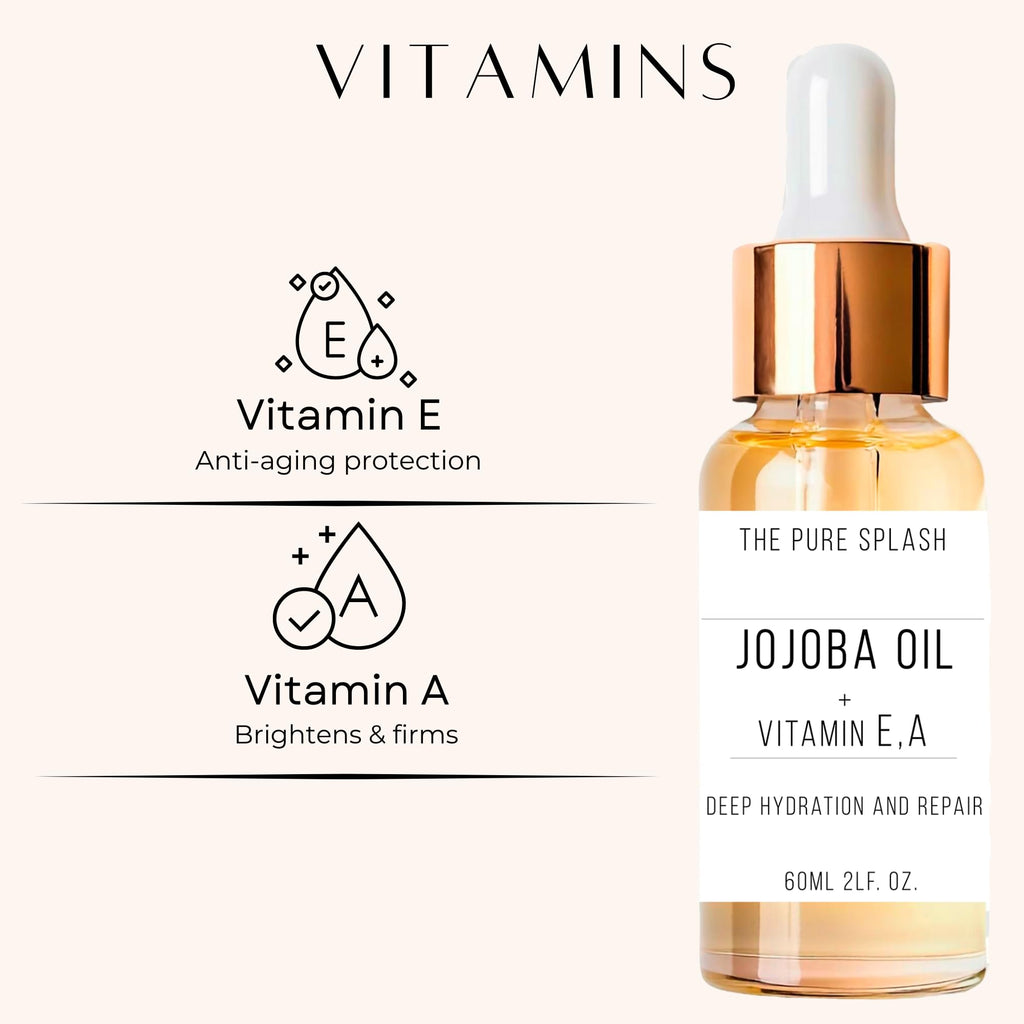 THE PURE SPLASH Jojoba Oil with Vitamins A and E – Deep Hydration & Repair | Lightweight, Non-Greasy Face & Body Oil | Antioxidant-Rich Skincare for Soft, Radiant Skin | 60ml
