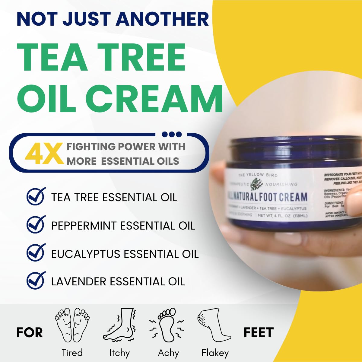 The Yellow Bird Natural Tea Tree Foot Cream & Organic Foot Balm – Peppermint Moisturizer for Dry Feet, Cracked Heels & Athlete’s Foot Relief – Made in USA
