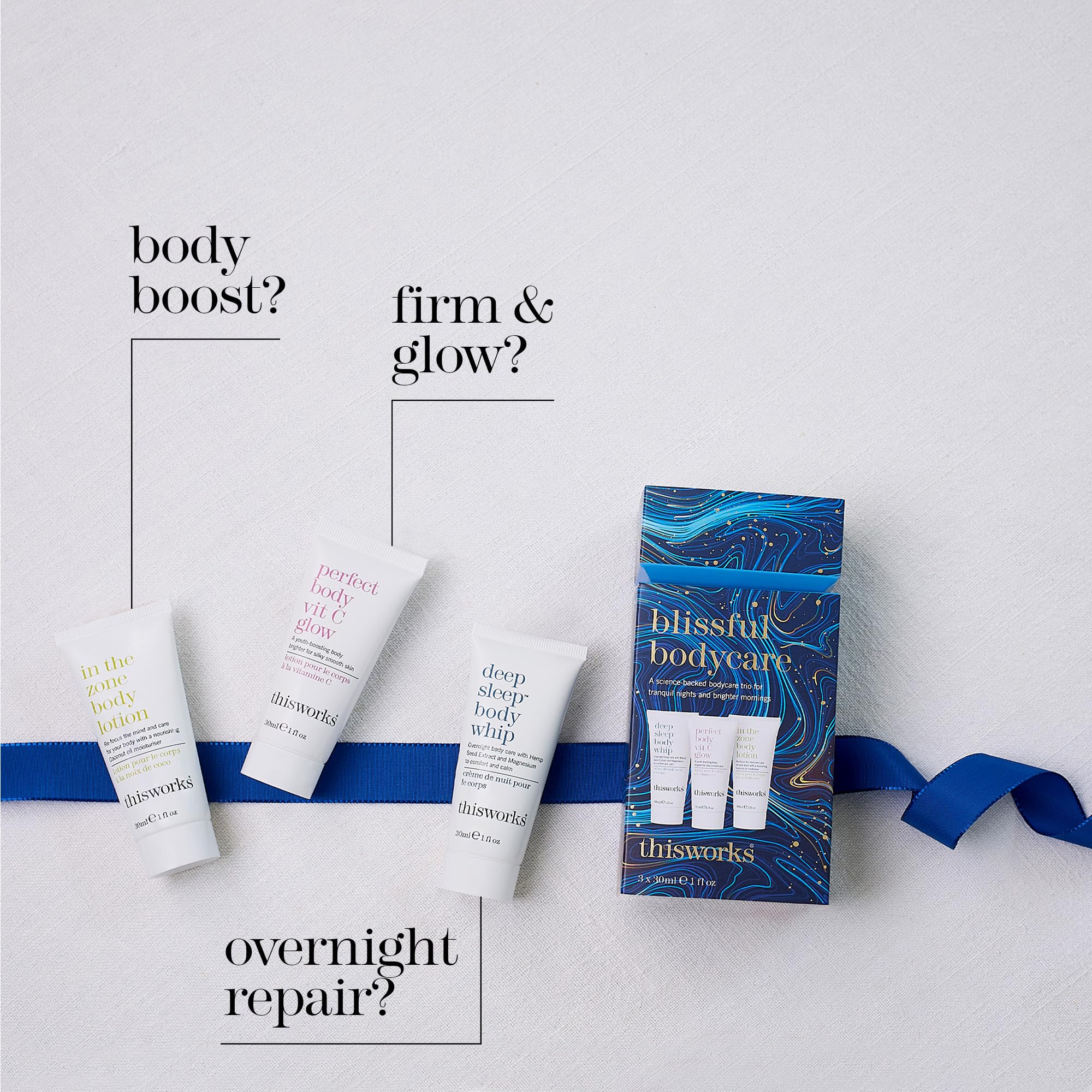 THISWORKS Blissful Bodycare Trio – Travel-Size 30ml Moisturizers: Deep Sleep, Vit C Glow, In The Zone