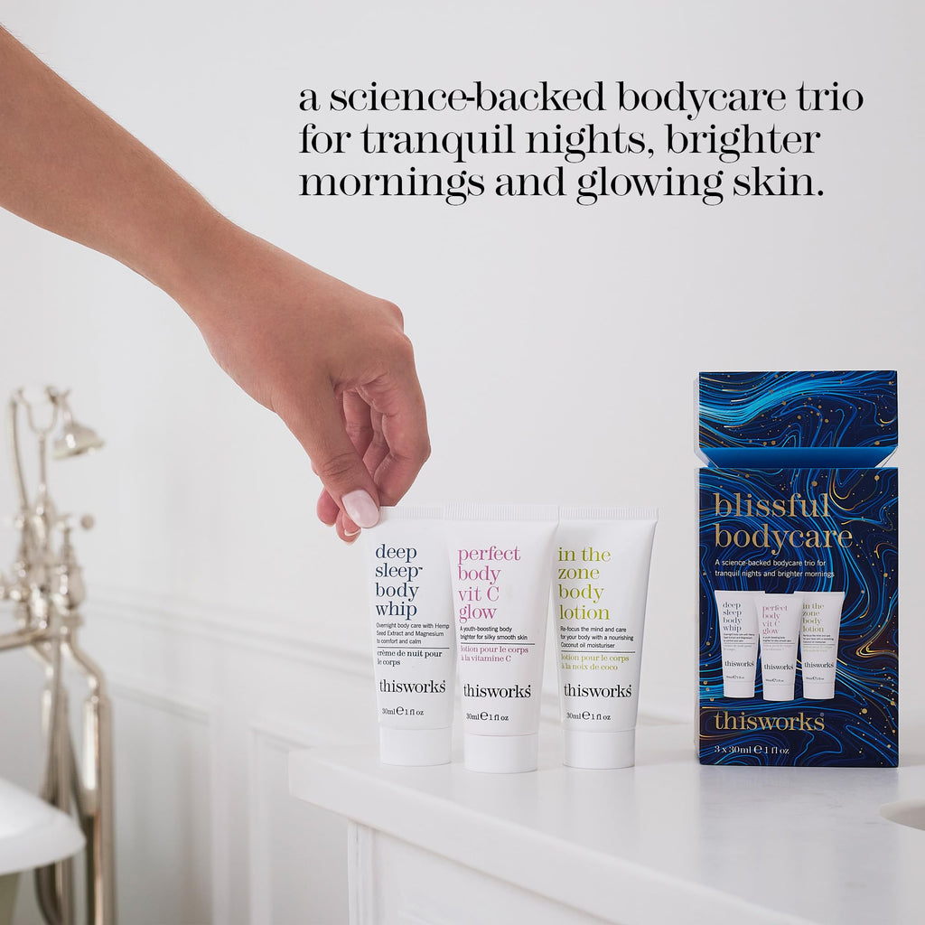THISWORKS Blissful Bodycare Trio – Travel-Size 30ml Moisturizers: Deep Sleep, Vit C Glow, In The Zone