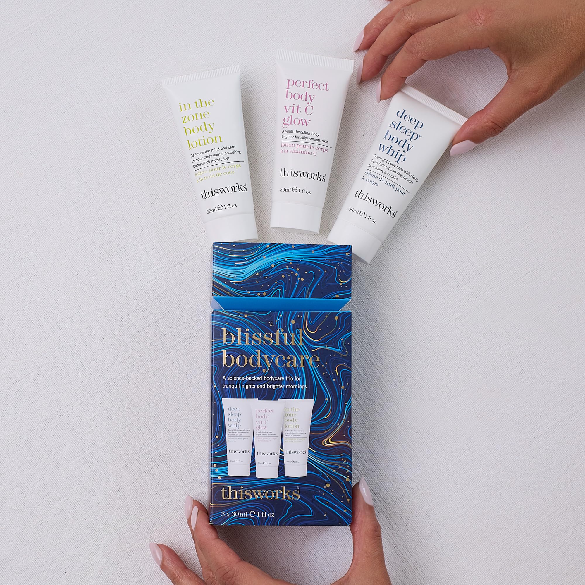THISWORKS Blissful Bodycare Trio – Travel-Size 30ml Moisturizers: Deep Sleep, Vit C Glow, In The Zone
