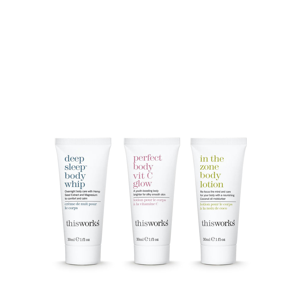 THISWORKS Blissful Bodycare Trio – Travel-Size 30ml Moisturizers: Deep Sleep, Vit C Glow, In The Zone