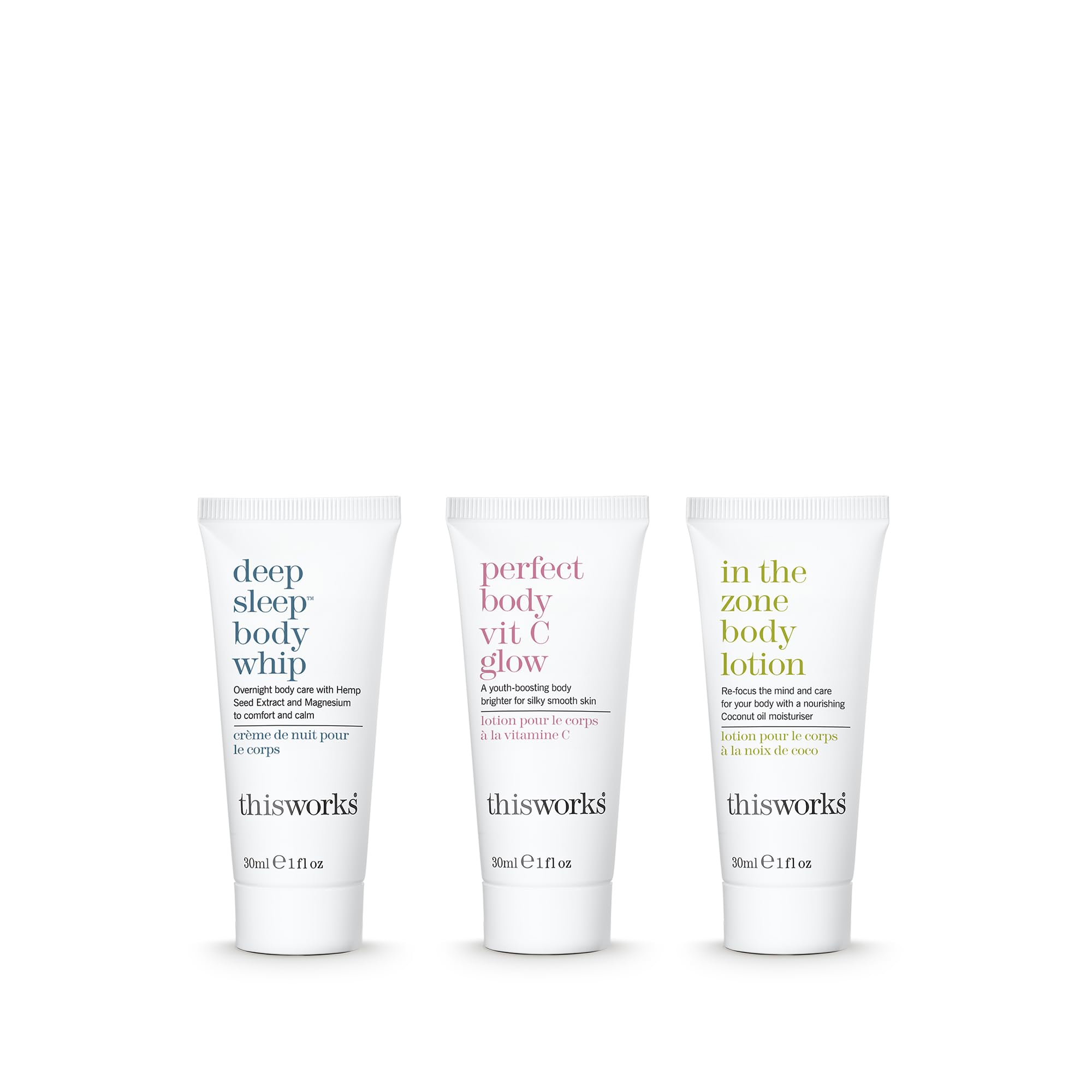 THISWORKS Blissful Bodycare Trio – Travel-Size 30ml Moisturizers: Deep Sleep, Vit C Glow, In The Zone