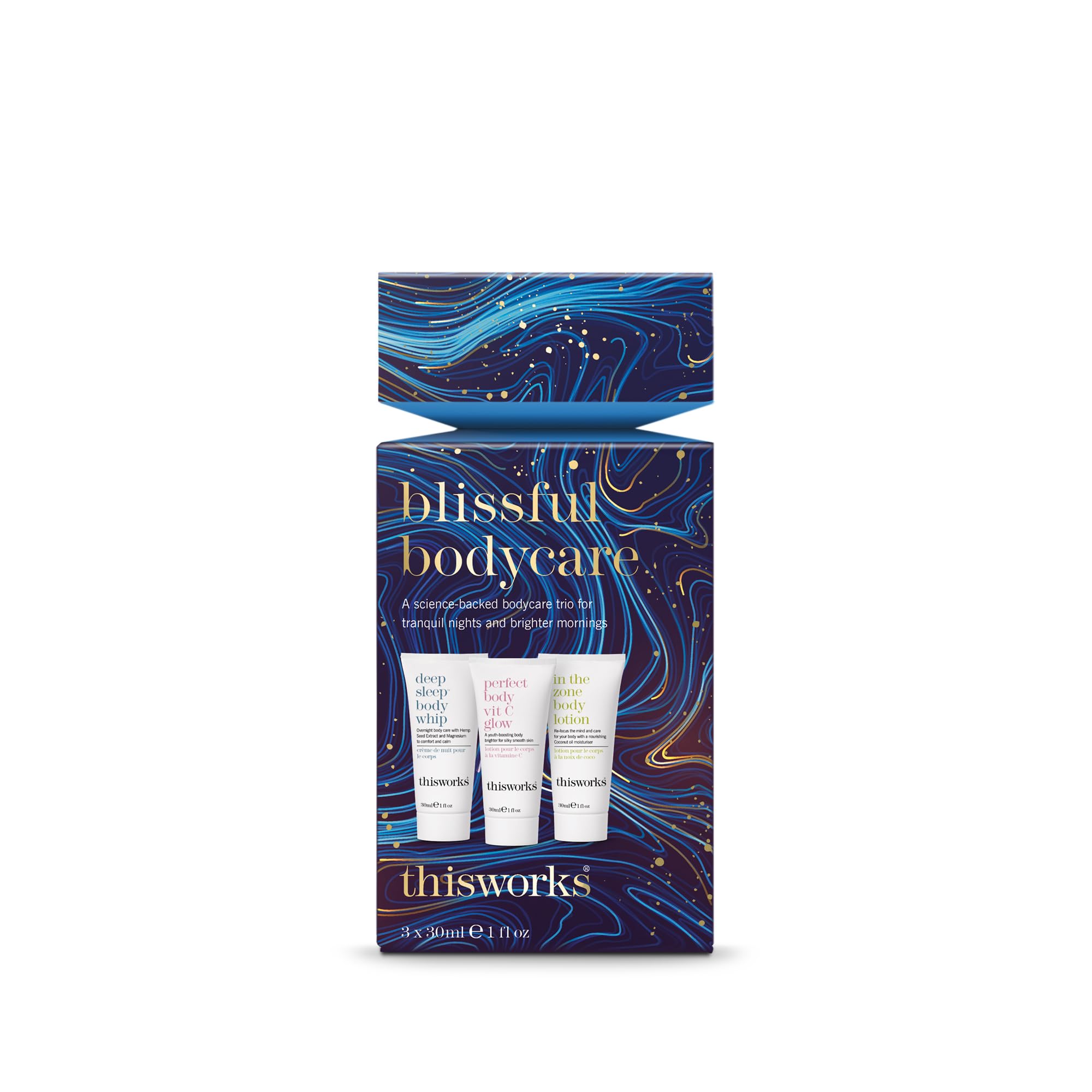 THISWORKS Blissful Bodycare Trio – Travel-Size 30ml Moisturizers: Deep Sleep, Vit C Glow, In The Zone