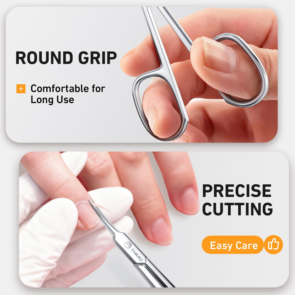 THRAU Cuticle Scissors - Extra Fine Curved Blade for Precise Manicures and Pedicures