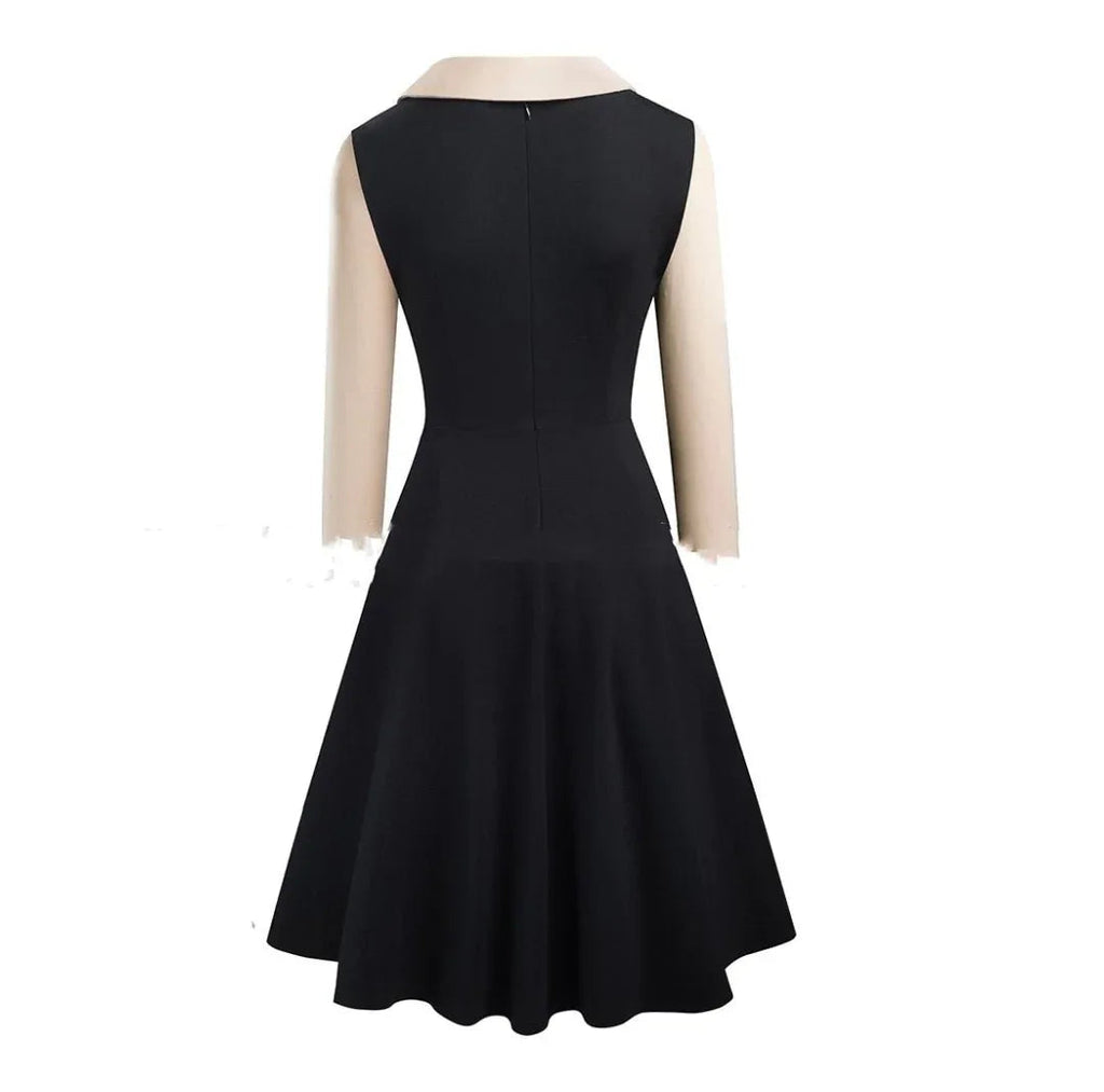 Three-quarter Sleeve Slim-fit Commute Color Contrast Patchwork Lapel A- Line Dress