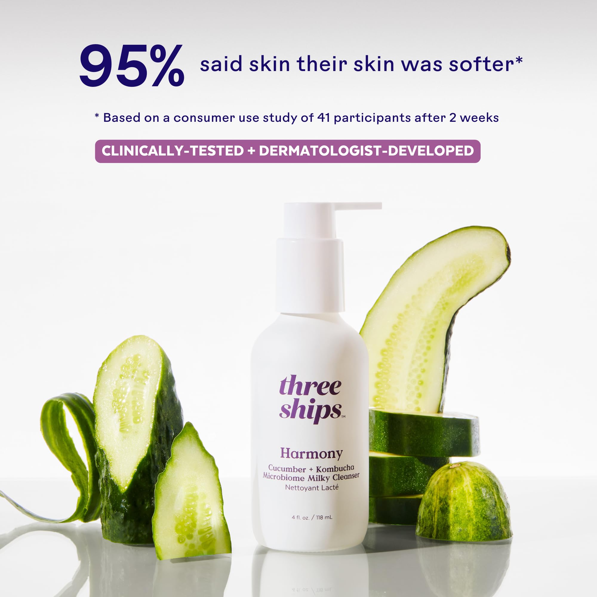 Three Ships Harmony Cucumber + Kombucha Cleanser — Microbiome Balancing for Sensitive Skin