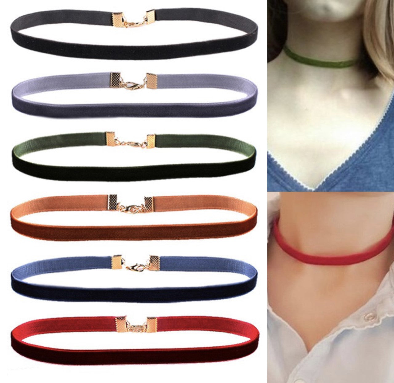 A Set of 6 Gothic Velvet Necklace Collar Choker Halloween Retro Vintage Chain