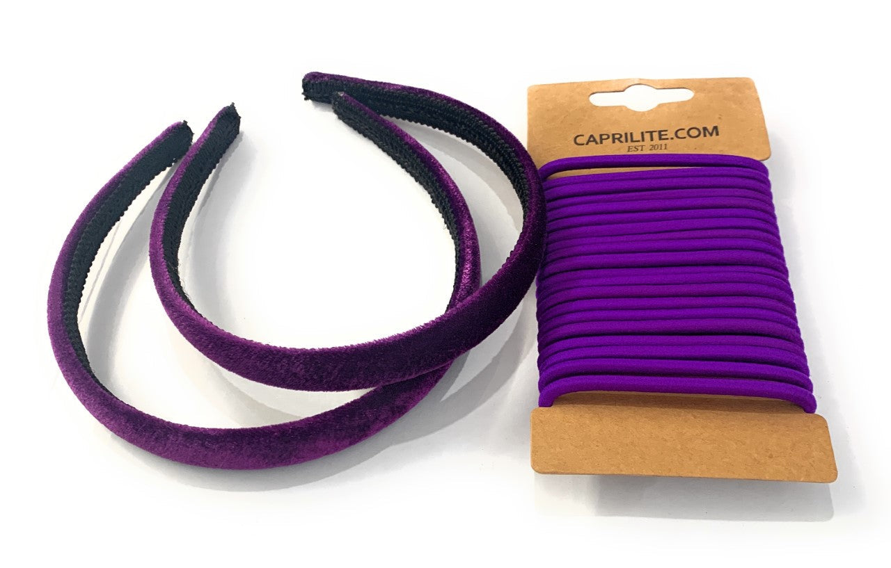 2 Velvet Girls School Headband Alice Band + 20 Elastics Hair Ties Bobbles Ponies Set UK - Purple