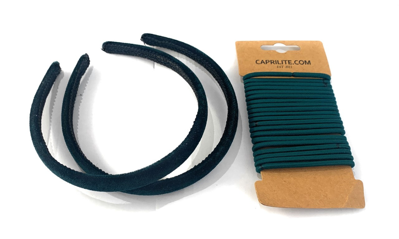 2 Velvet Girls School Headband Alice Band + 20 Elastics Hair Ties Bobbles Ponies Set UK - Emerald / Dark Green