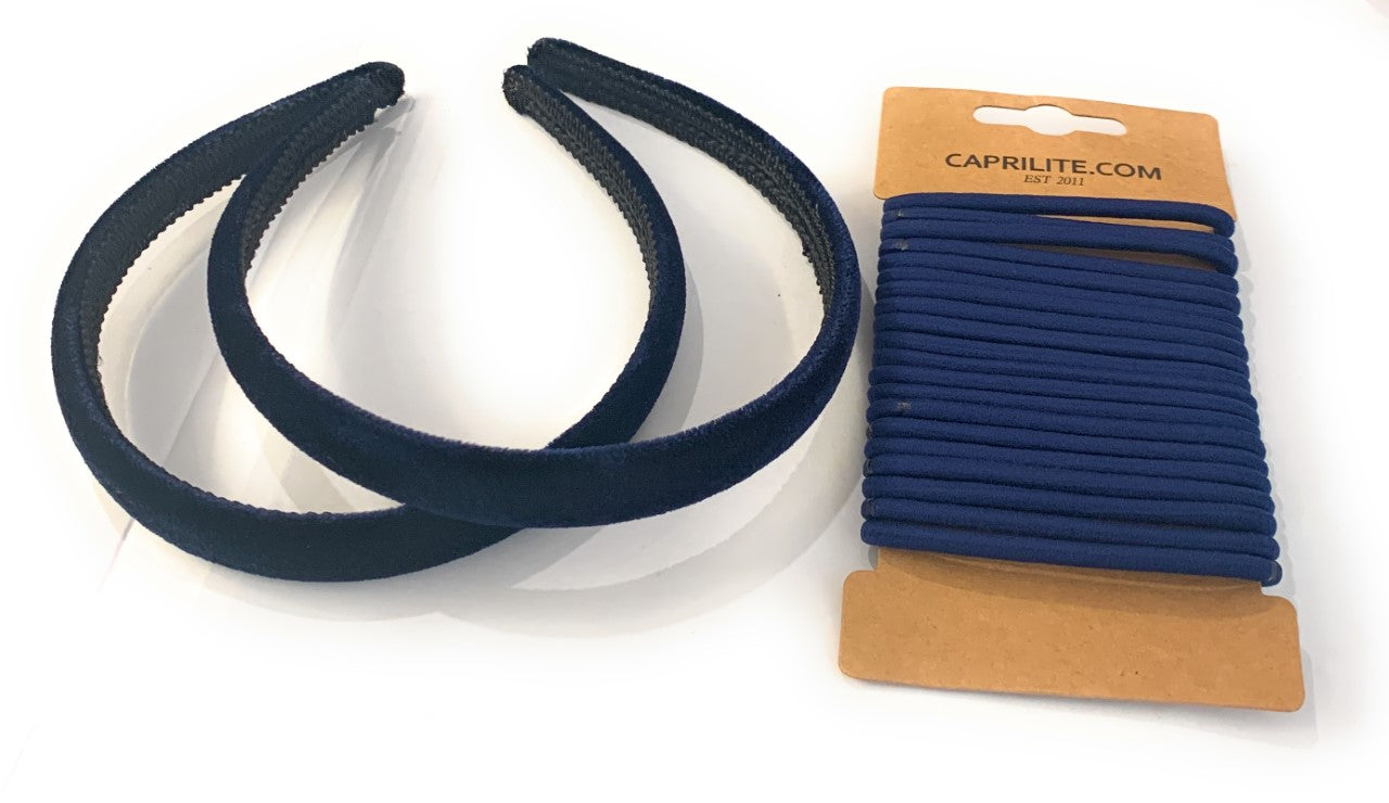 2 Velvet Girls School Headband Alice Band + 20 Elastics Hair Ties Bobbles Ponies Set UK - Navy Blue